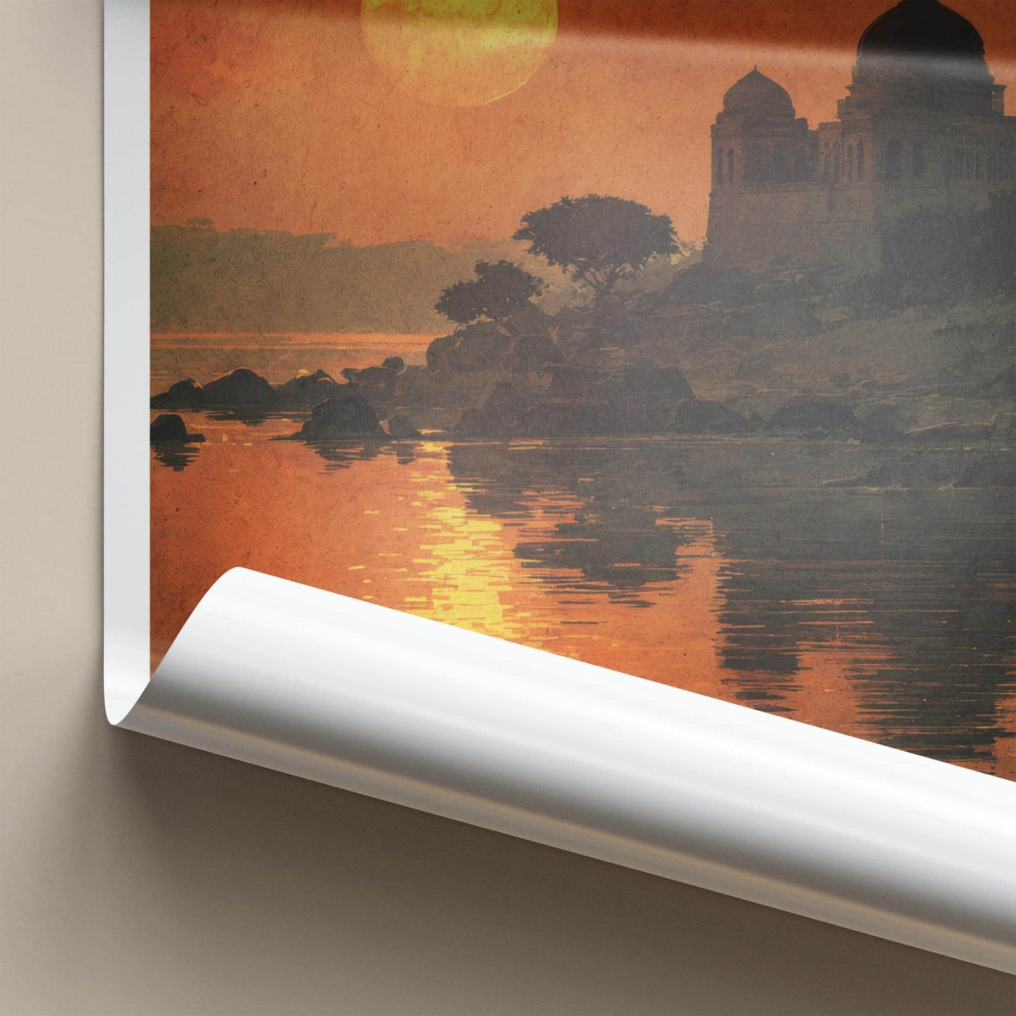 Mandavgad Poster - India Travel Art - Madhya Pradesh Temple Lake Sunset Home Decor