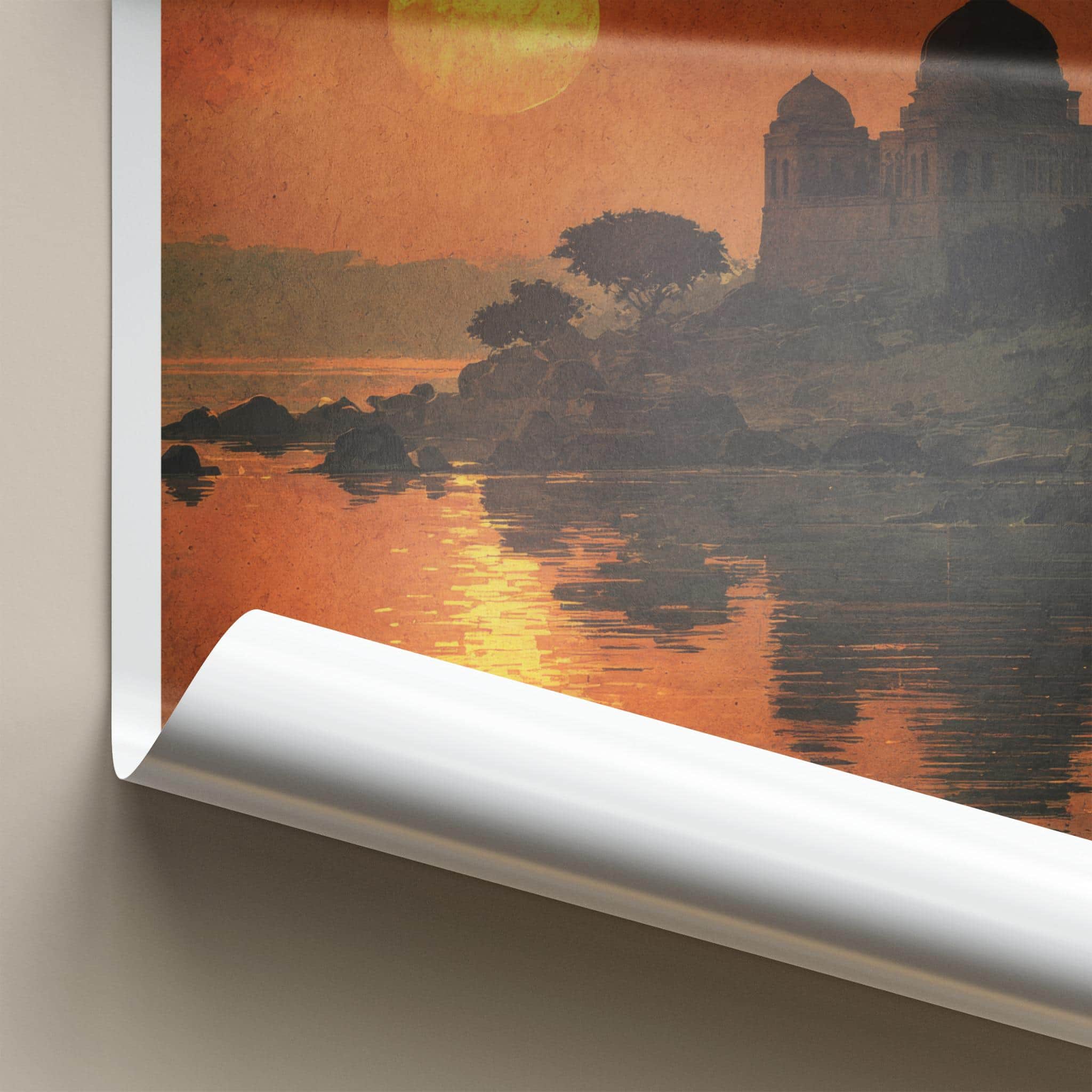 Mandavgad Poster - India Travel Art - Madhya Pradesh Temple Lake Sunset Home Decor
