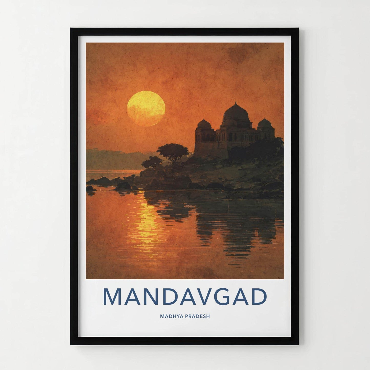 Mandavgad Poster - India Travel Art - Madhya Pradesh Temple Lake Sunset Home Decor