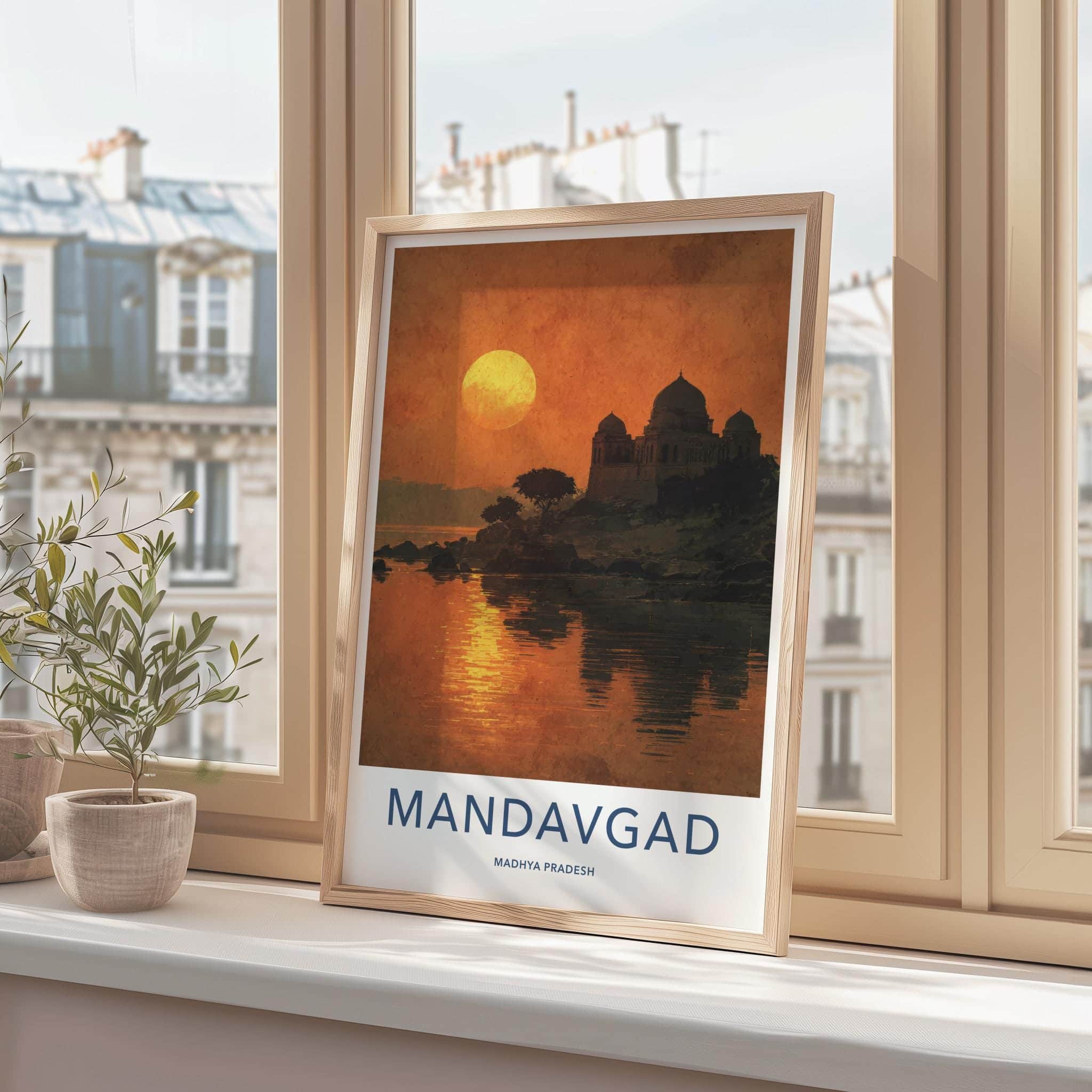 Mandavgad Poster - India Travel Art - Madhya Pradesh Temple Lake Sunset Home Decor