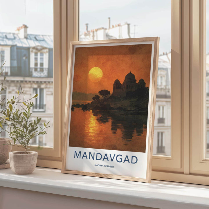 Mandavgad Poster - India Travel Art - Madhya Pradesh Temple Lake Sunset Home Decor