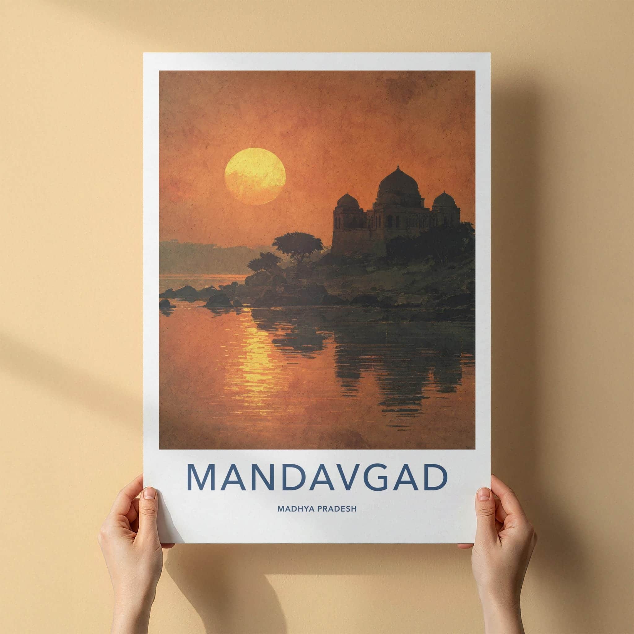 Mandavgad Poster - India Travel Art - Madhya Pradesh Temple Lake Sunset Home Decor