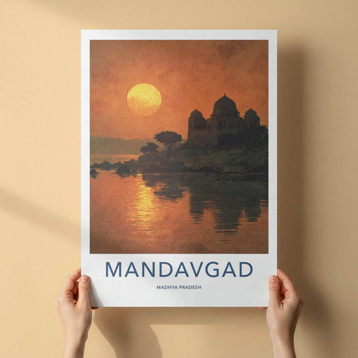 Mandavgad Poster - India Travel Art - Madhya Pradesh Temple Lake Sunset Home Decor
