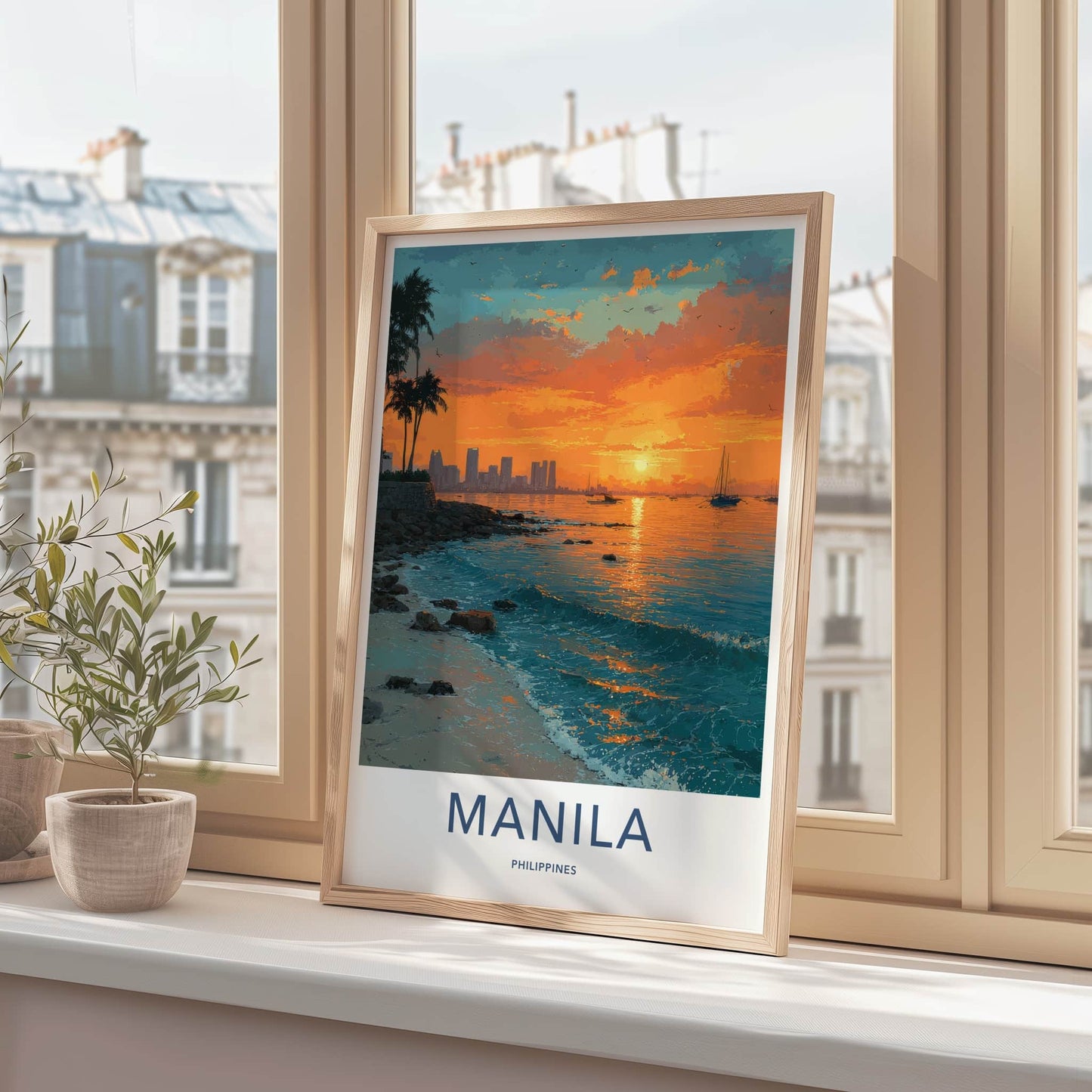 Manila Poster - Philippines Travel Print - Sunset Ocean Waves Framed Art