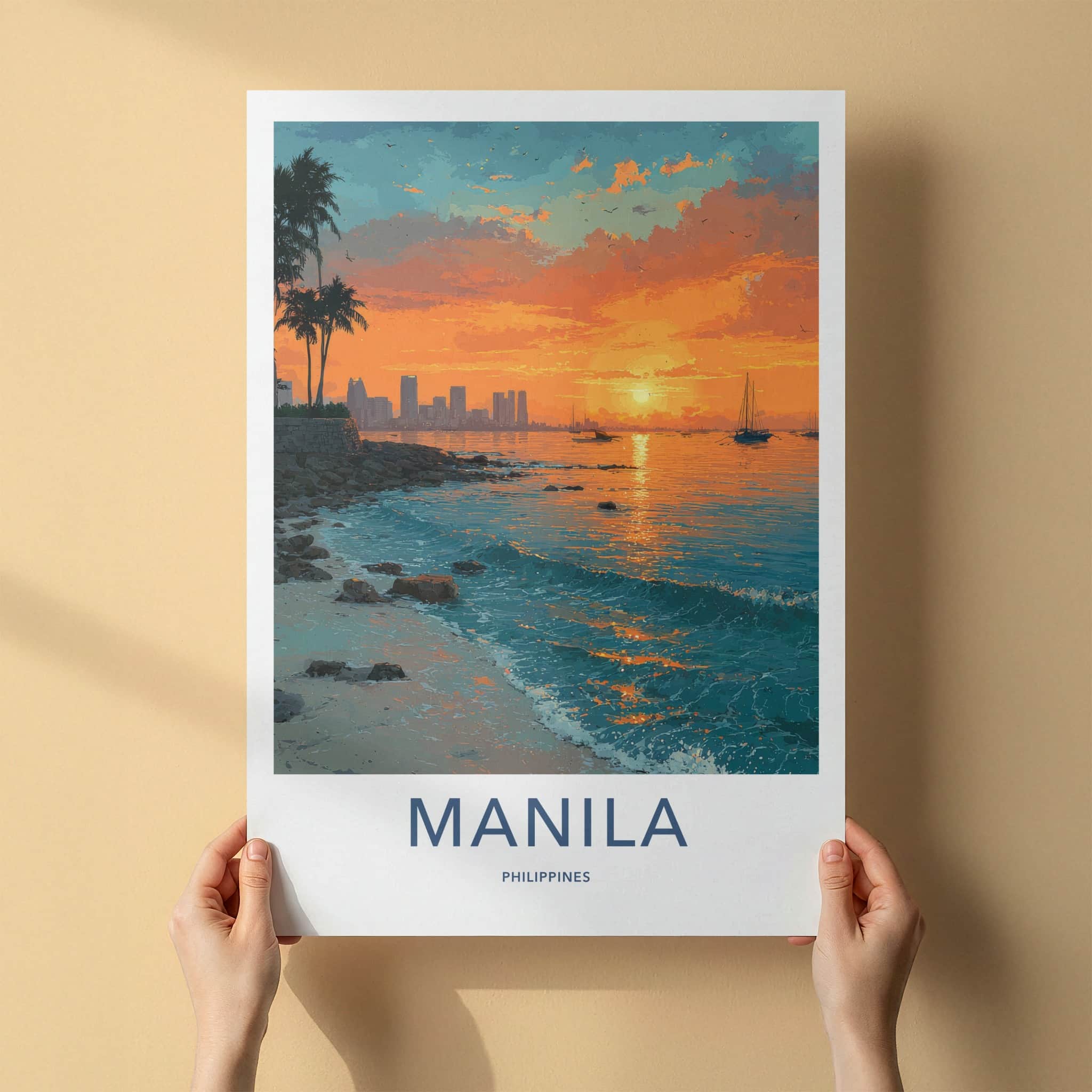 Manila Poster - Philippines Travel Print - Sunset Ocean Waves Framed Art