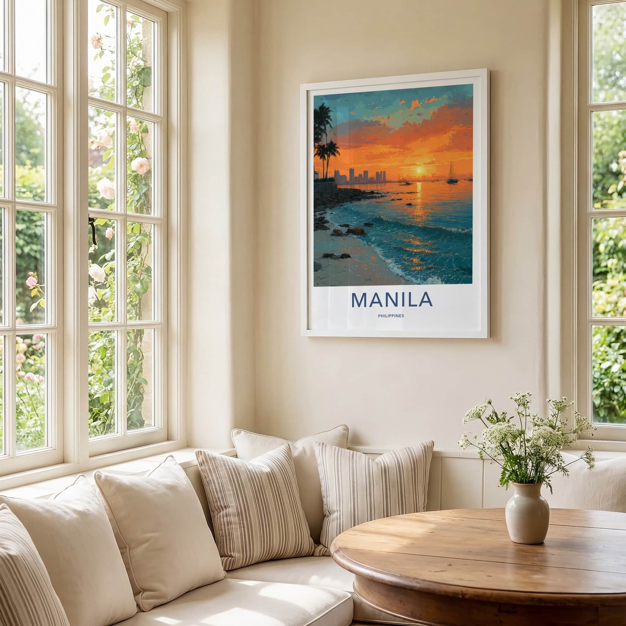 Manila Poster - Philippines Travel Print - Sunset Ocean Waves Framed Art