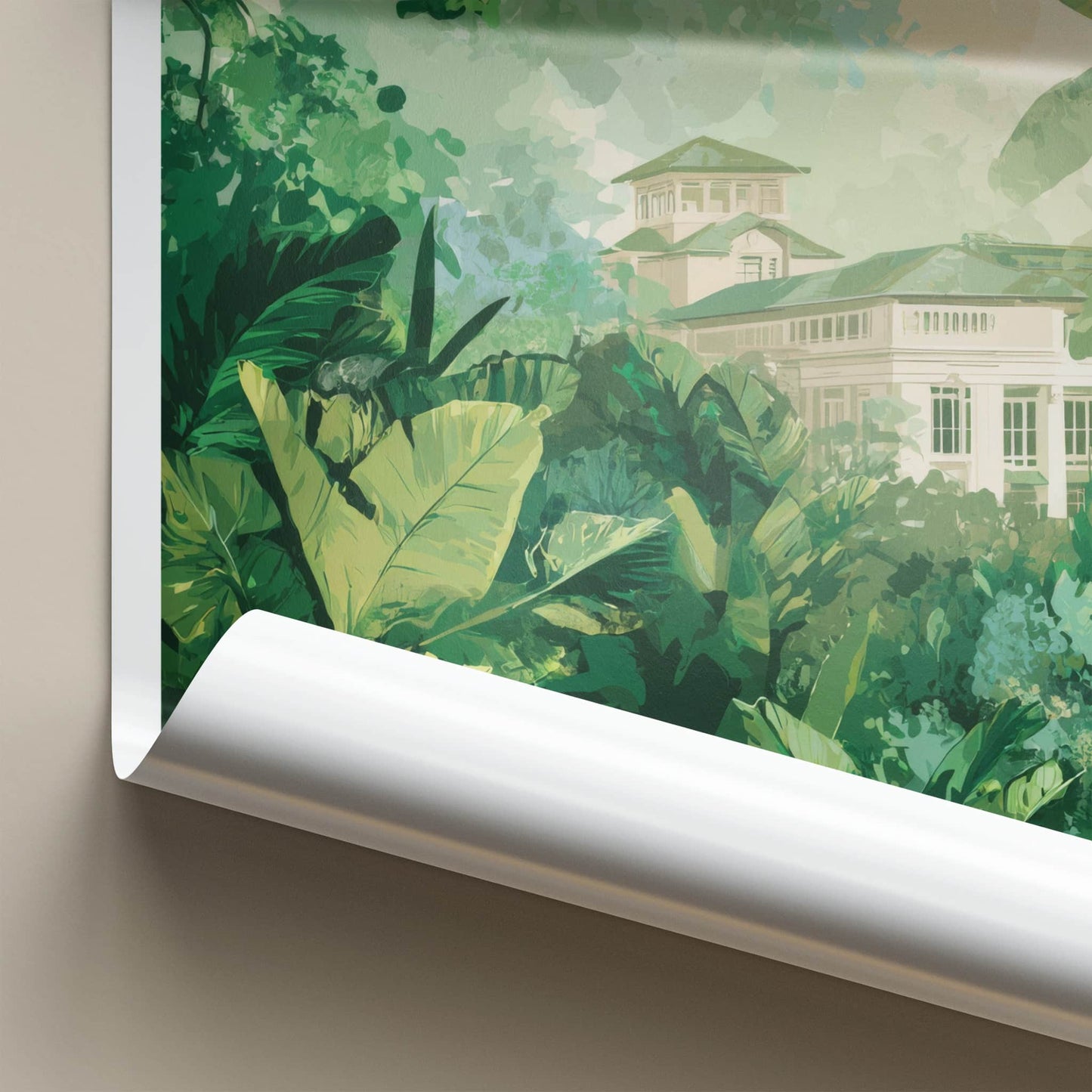Manoa Poster - Hawaii Travel Art - Lush Foliage Building Framed Decor