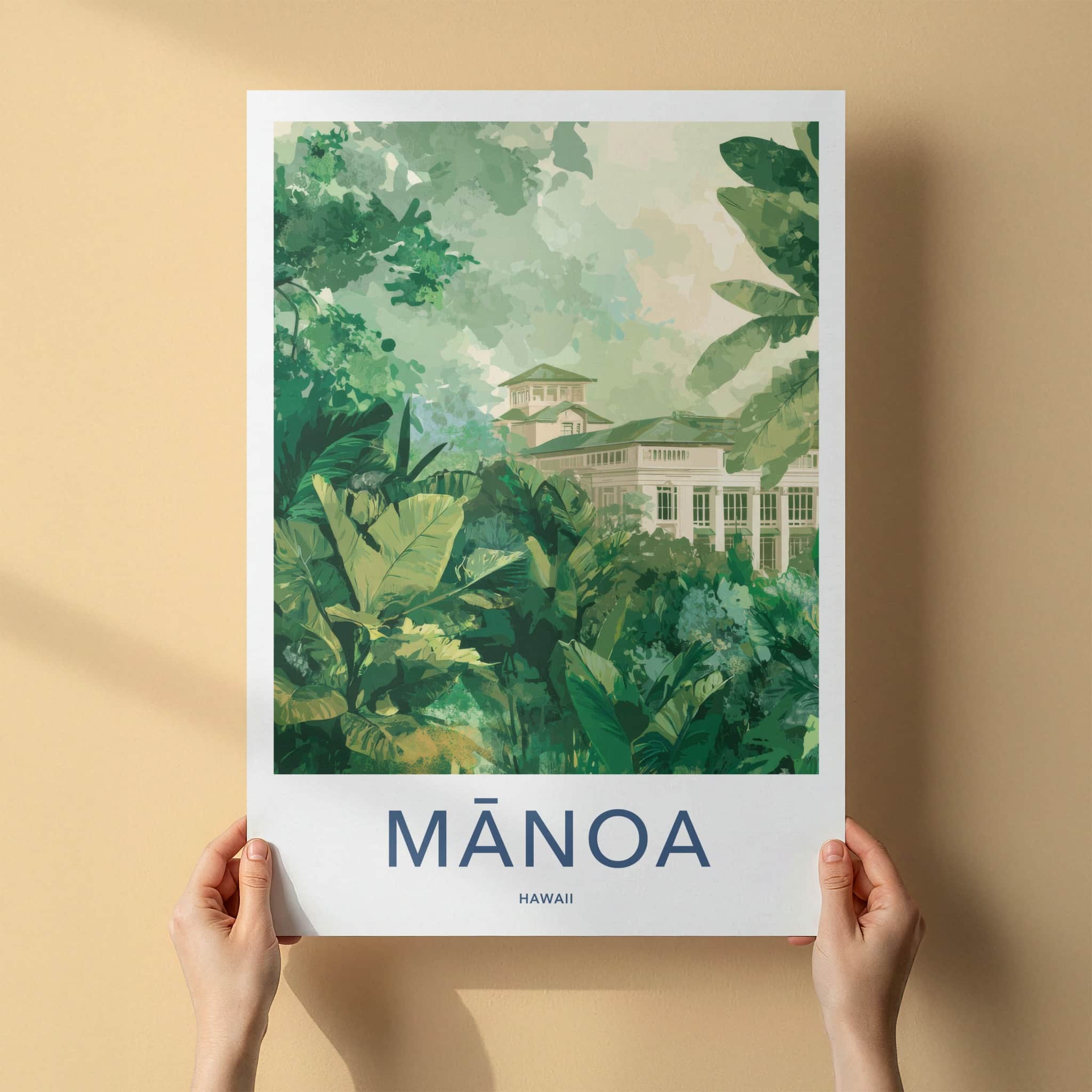 Manoa Poster - Hawaii Travel Art - Lush Foliage Building Framed Decor