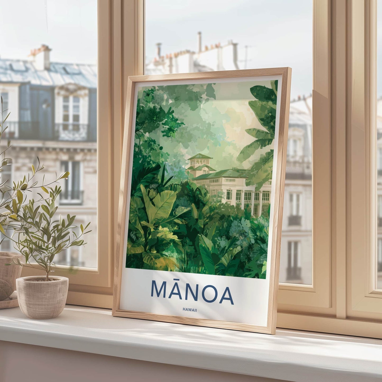 Manoa Poster - Hawaii Travel Art - Lush Foliage Building Framed Decor