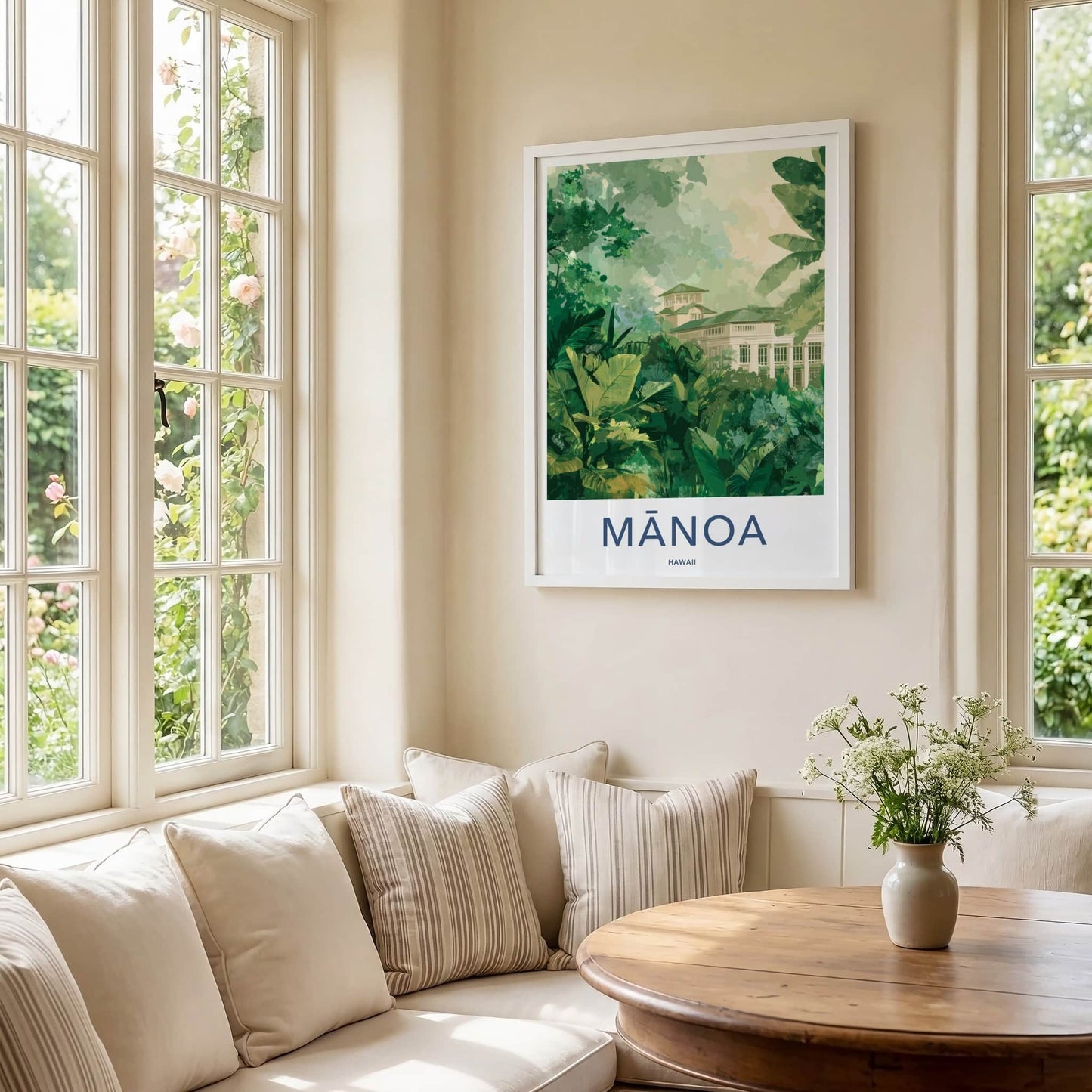 Manoa Poster - Hawaii Travel Art - Lush Foliage Building Framed Decor