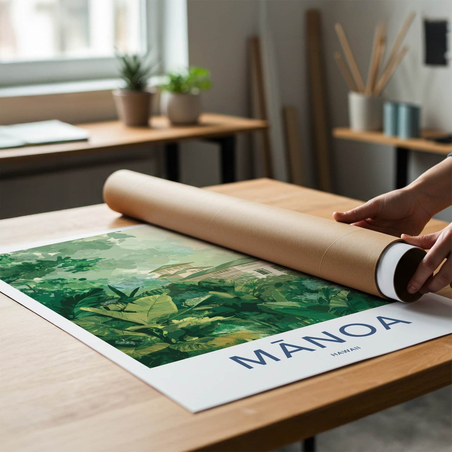 Manoa Poster - Hawaii Travel Art - Lush Foliage Building Framed Decor