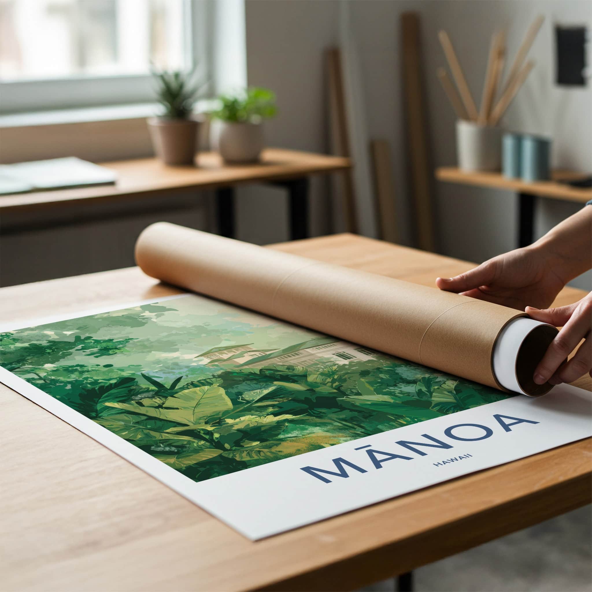 Manoa Poster - Hawaii Travel Art - Lush Foliage Building Framed Decor