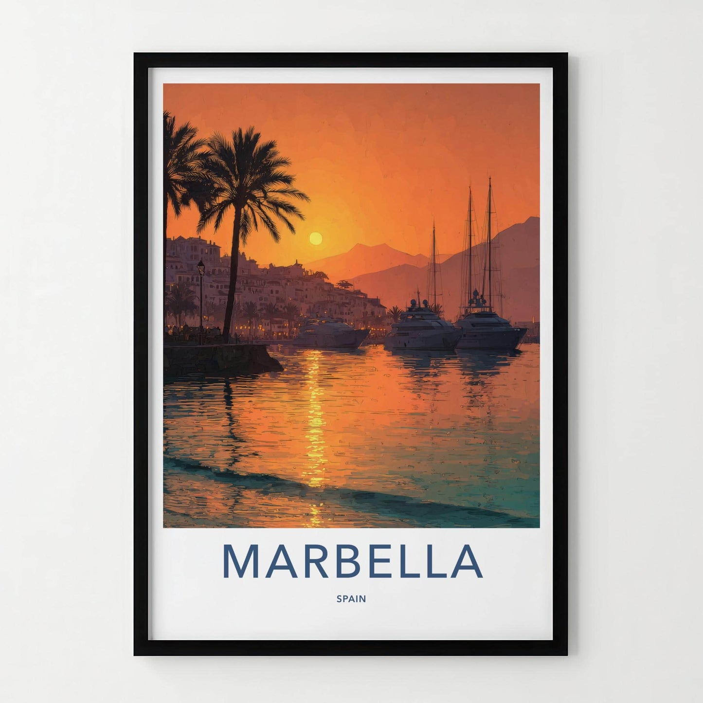 Marbella Poster - Spain Travel Art - Coastal Sunset Harbor Home Decor