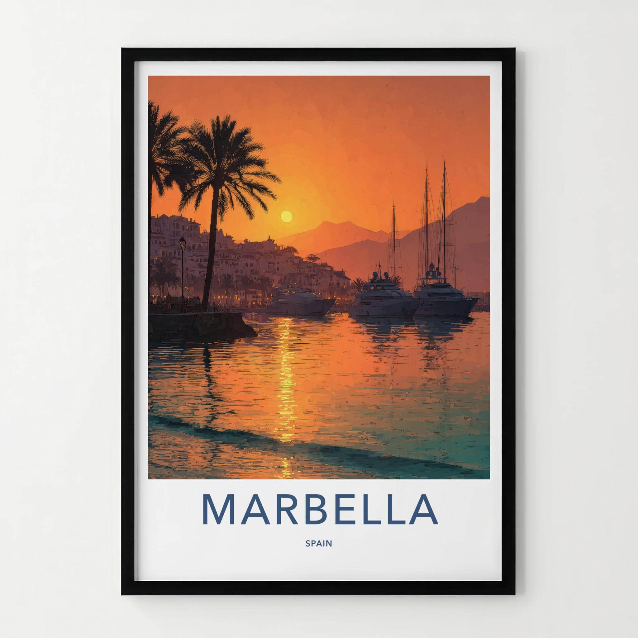Marbella Poster - Spain Travel Art - Coastal Sunset Harbor Home Decor