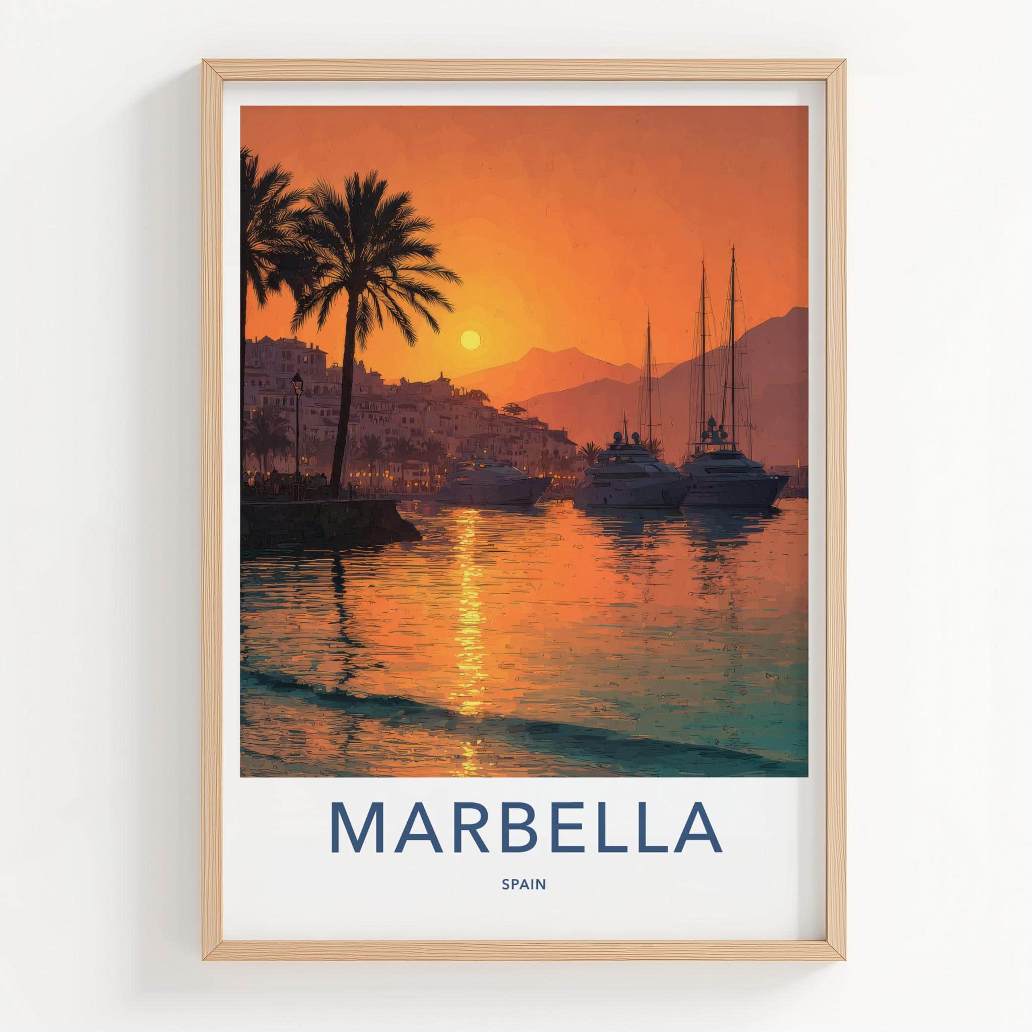 Marbella Poster - Spain Travel Art - Coastal Sunset Harbor Home Decor