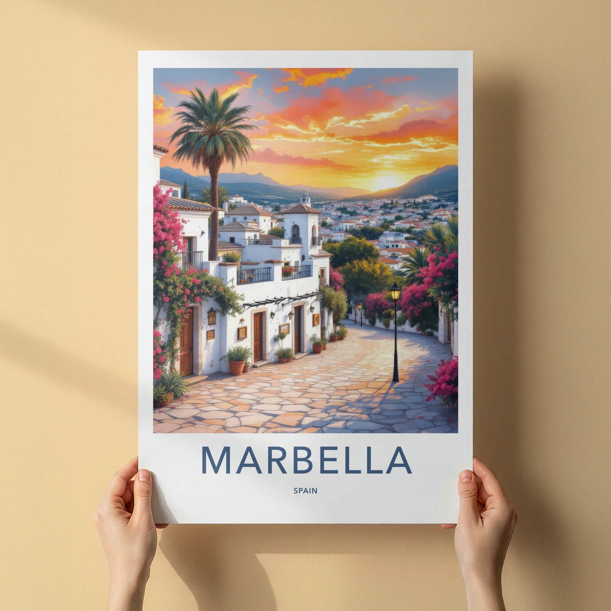 Marbella Poster - Spain Travel Art - Mediterranean Village Sunset Home Decor