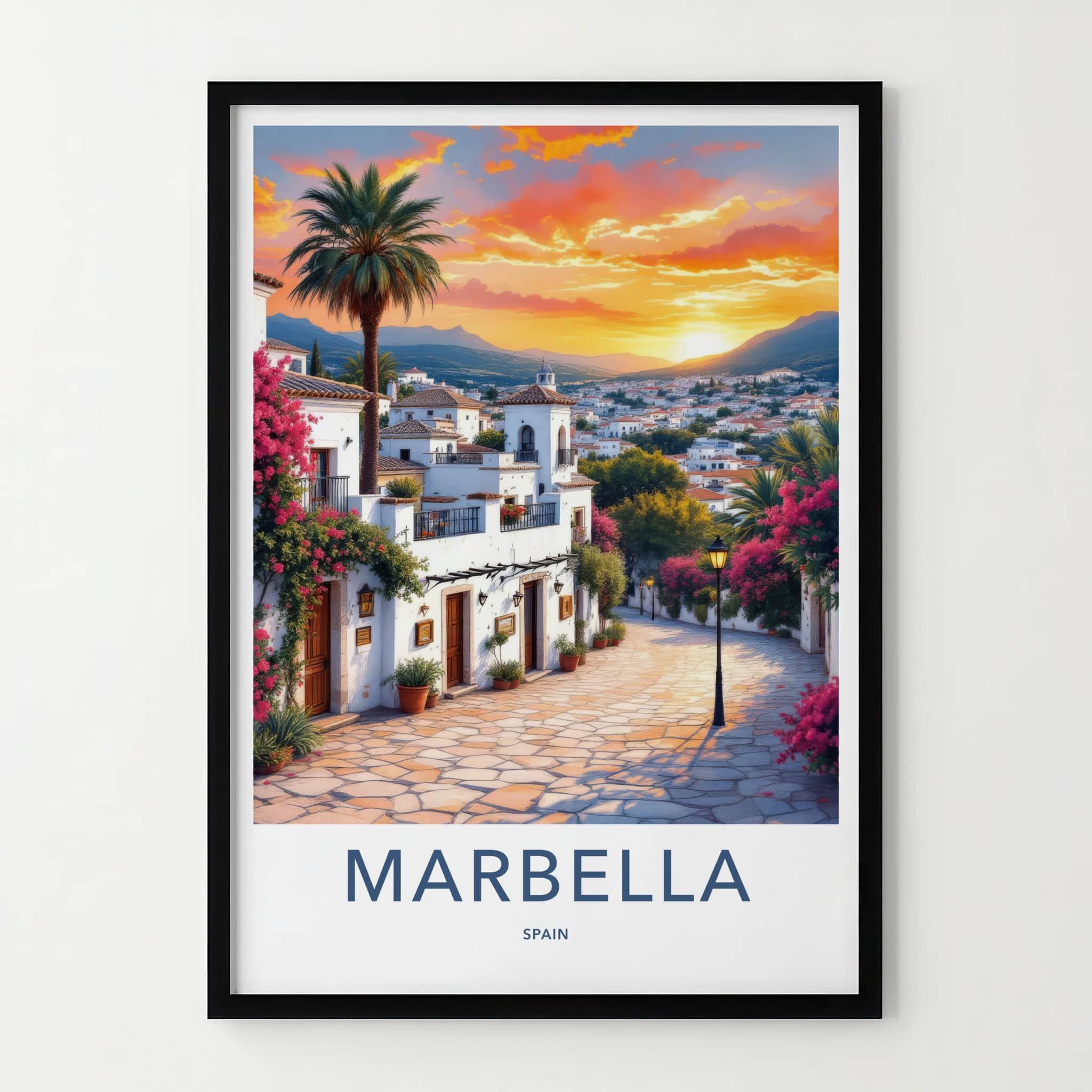 Marbella Poster - Spain Travel Art - Mediterranean Village Sunset Home Decor