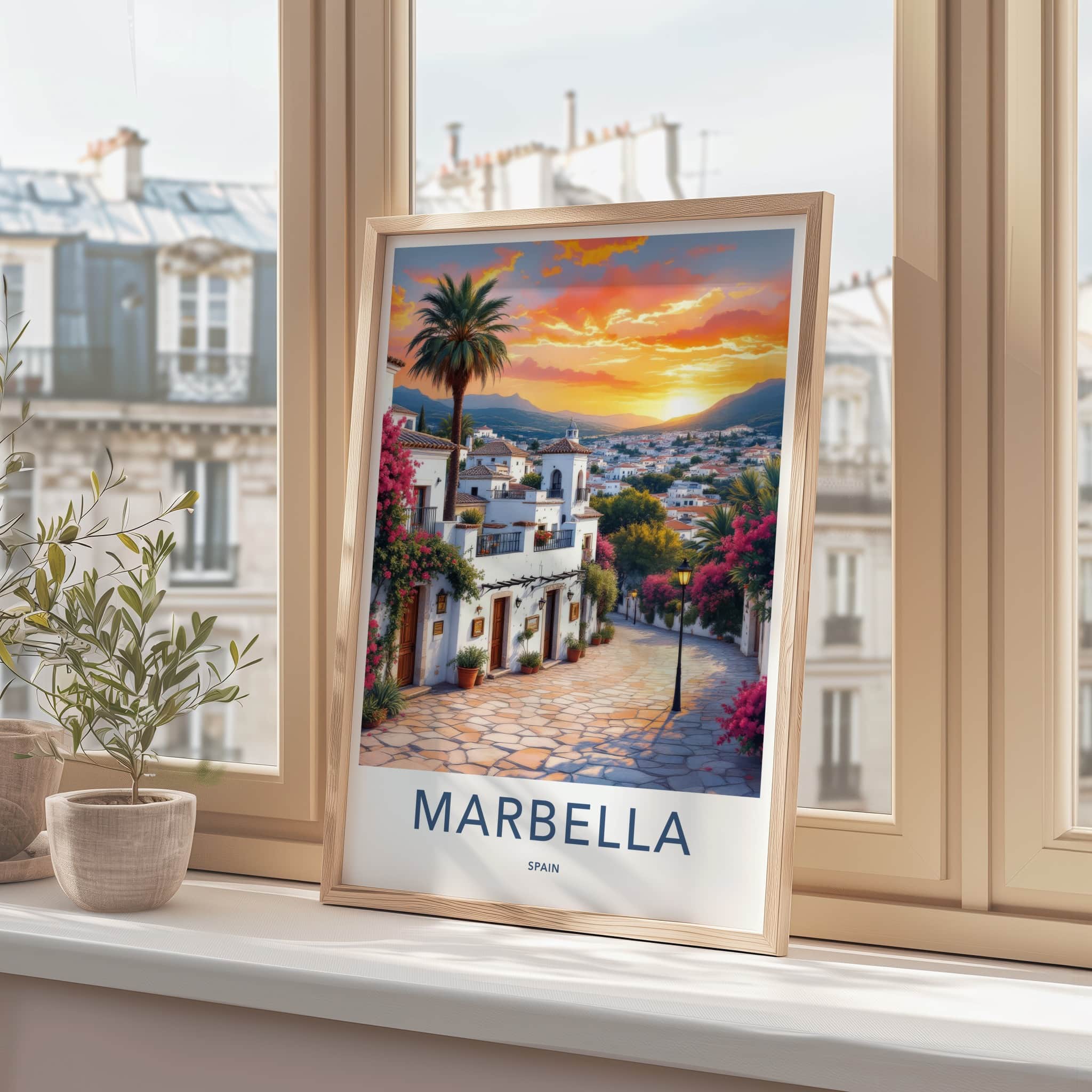 Marbella Poster - Spain Travel Art - Mediterranean Village Sunset Home Decor