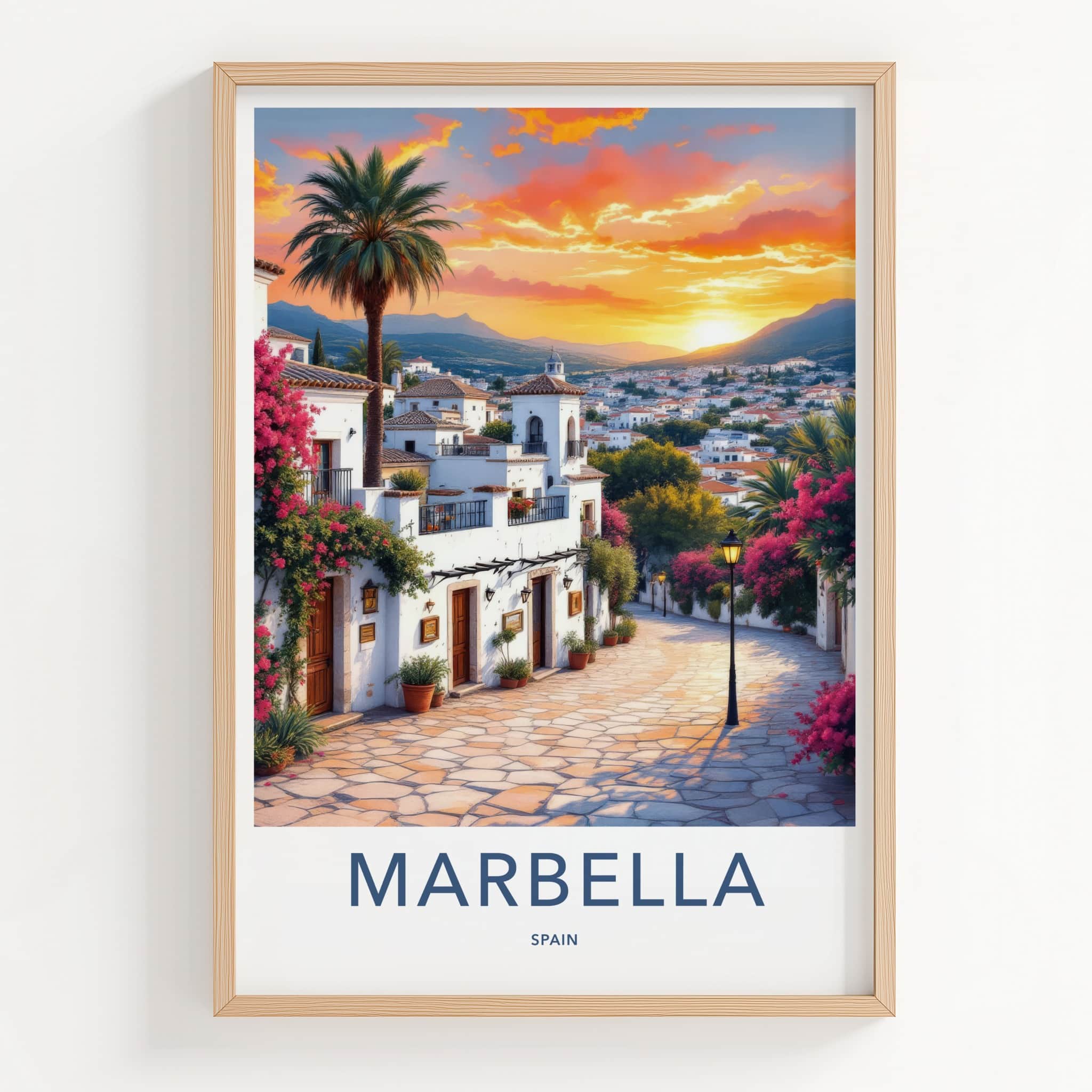 Marbella Poster - Spain Travel Art - Mediterranean Village Sunset Home Decor