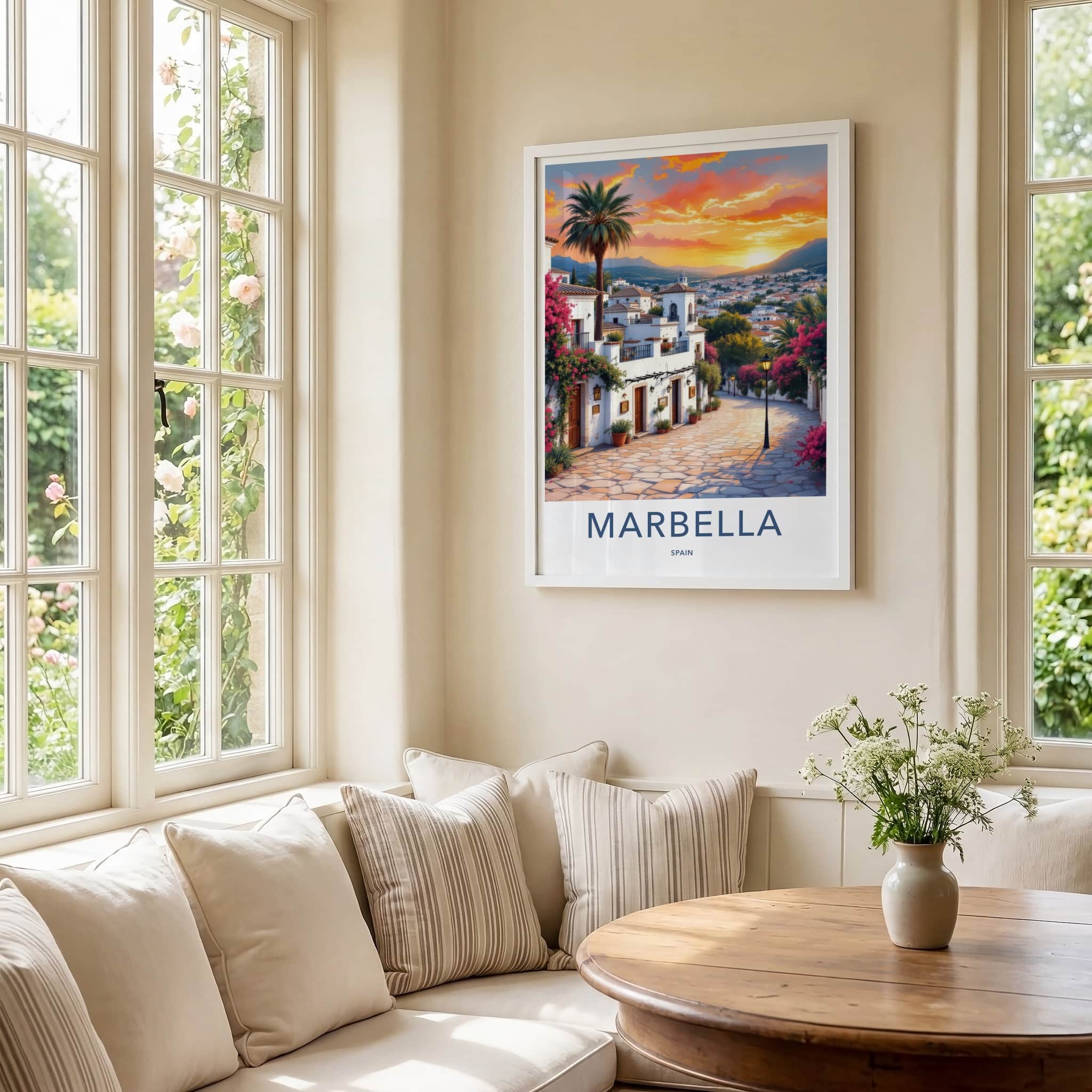 Marbella Poster - Spain Travel Art - Mediterranean Village Sunset Home Decor