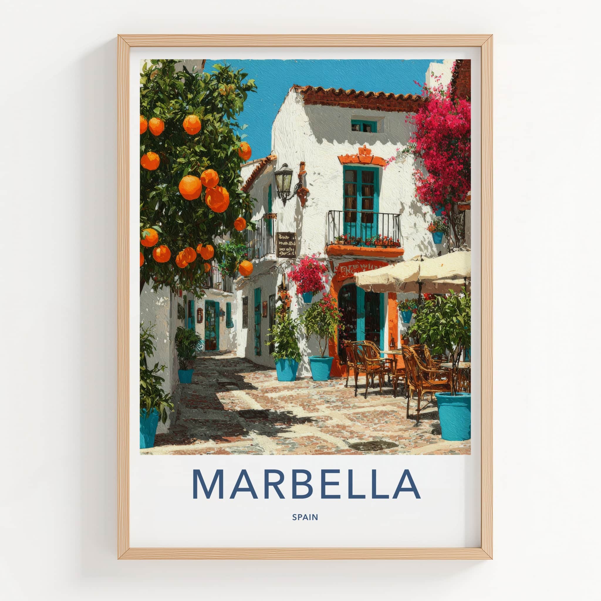 Marbella Poster - Spain Travel Art - Orange Trees Balcony Wall Decor