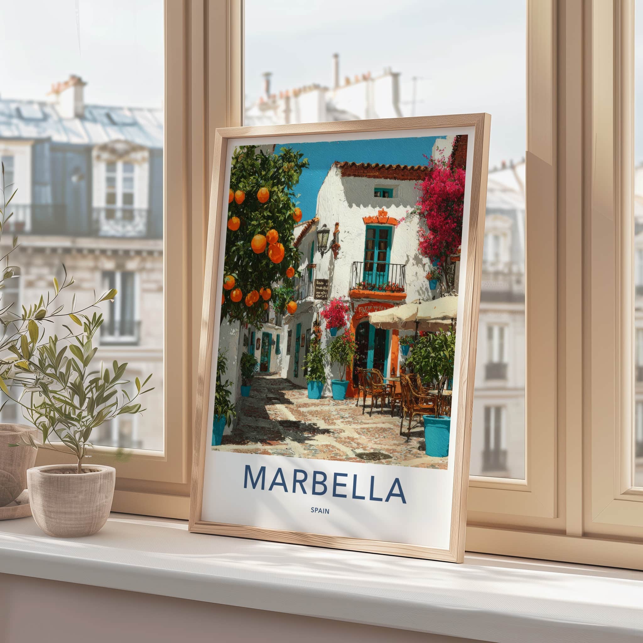 Marbella Poster - Spain Travel Art - Orange Trees Balcony Wall Decor