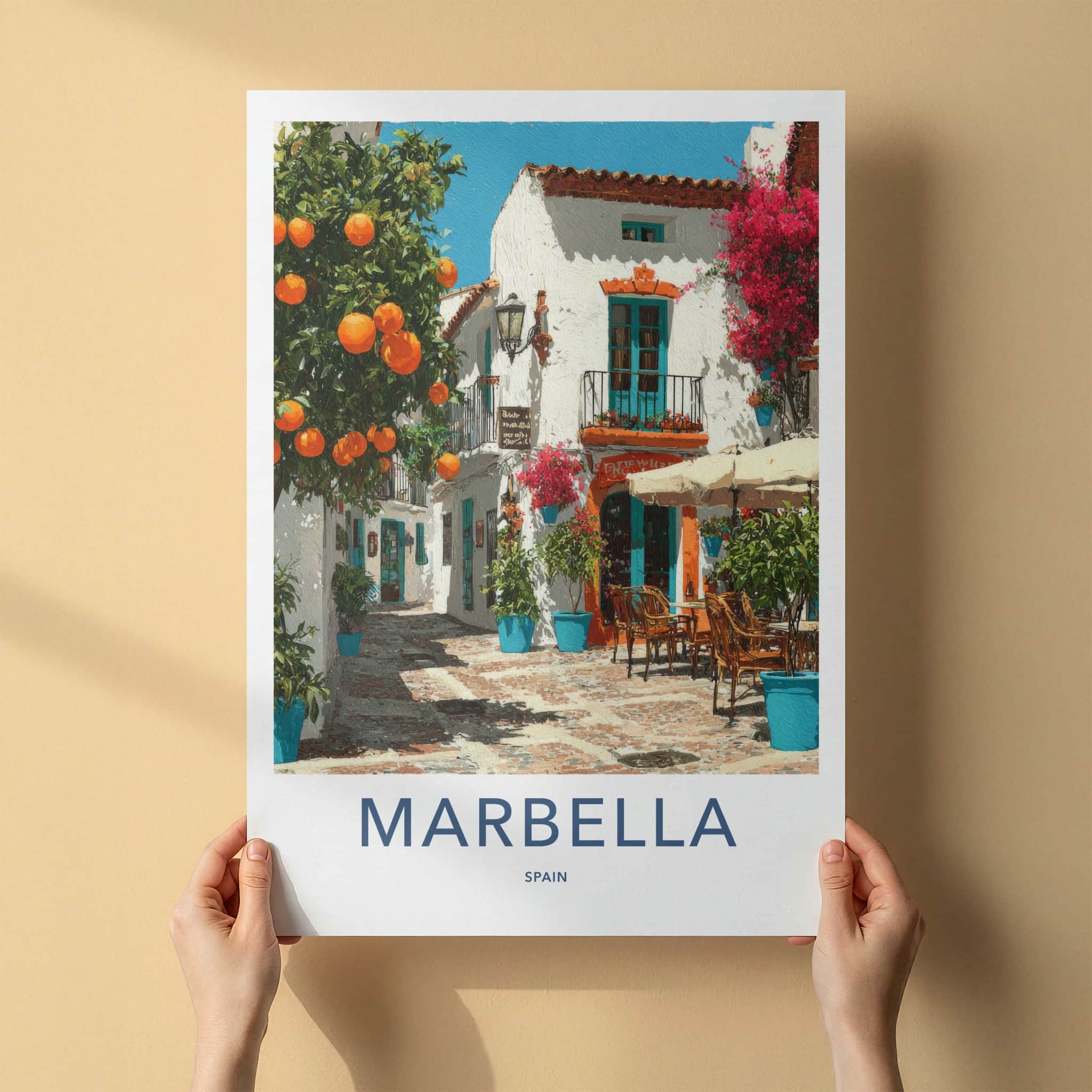Marbella Poster - Spain Travel Art - Orange Trees Balcony Wall Decor