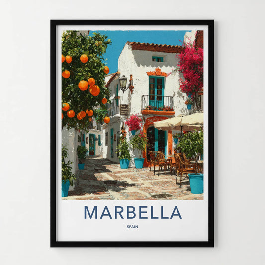 Marbella Poster - Spain Travel Art - Orange Trees Balcony Wall Decor
