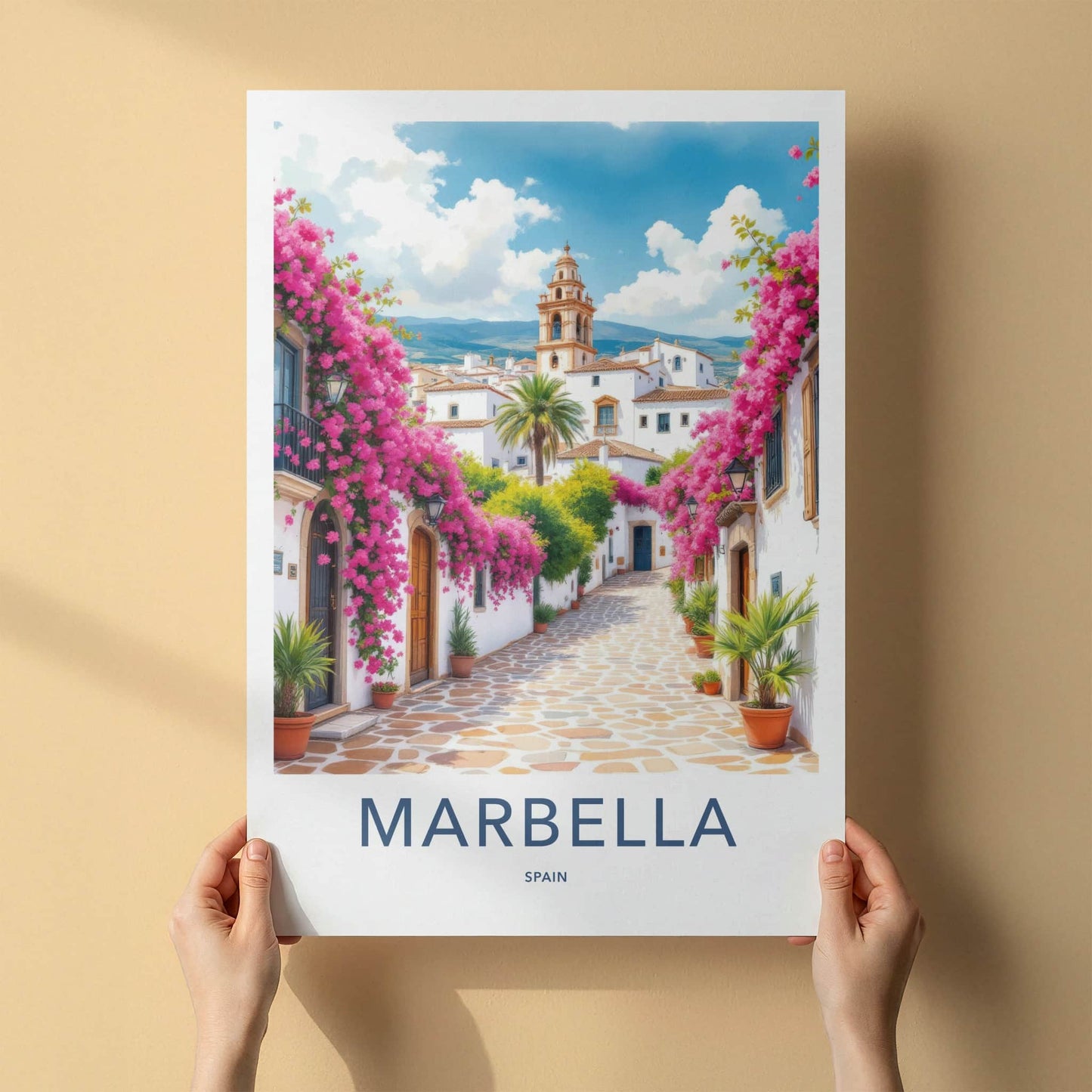 Marbella Poster - Spain Travel Art - Pink Flower Alley Wall Decor