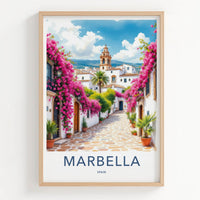 Marbella Poster - Spain Travel Art - Pink Flower Alley Wall Decor