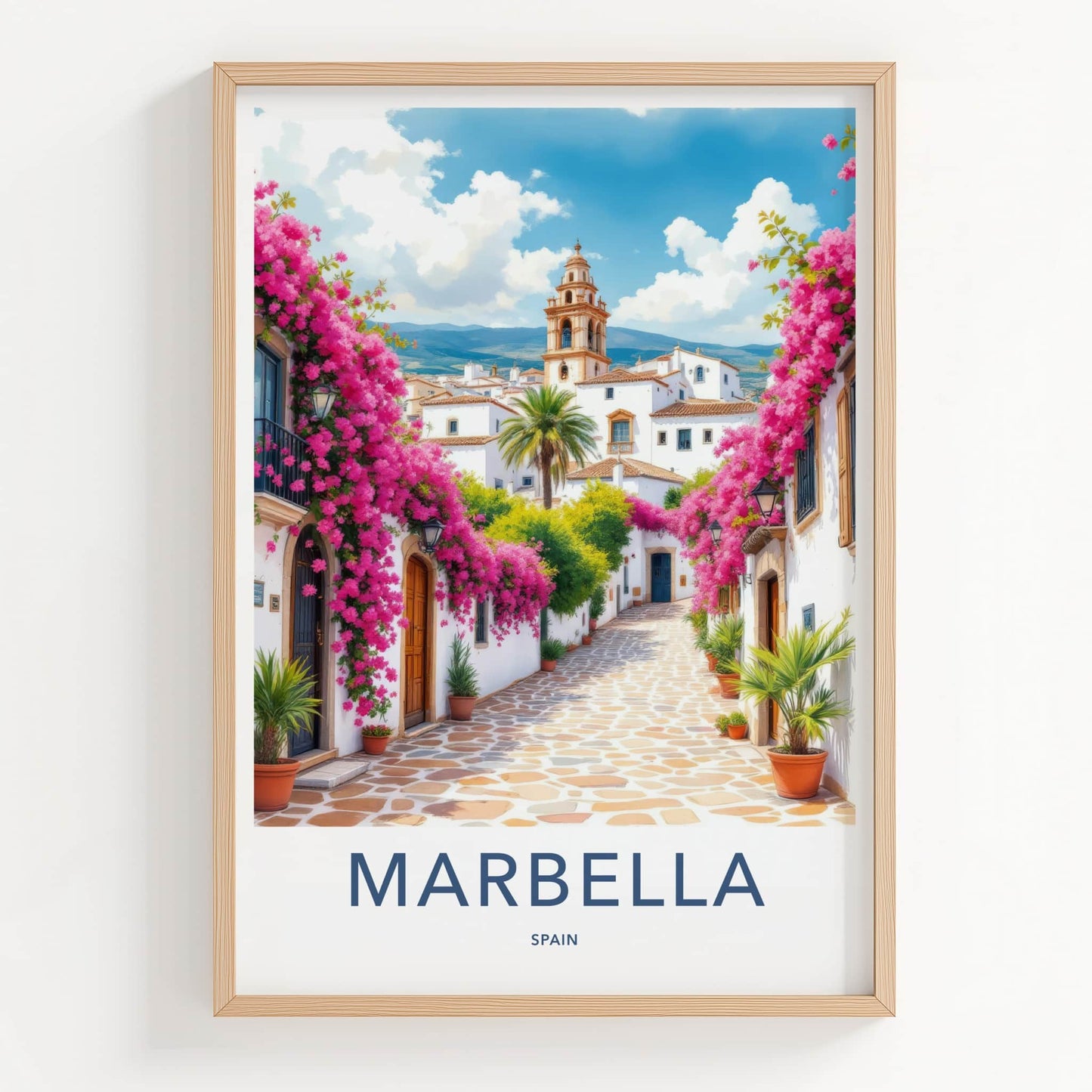 Marbella Poster - Spain Travel Art - Pink Flower Alley Wall Decor