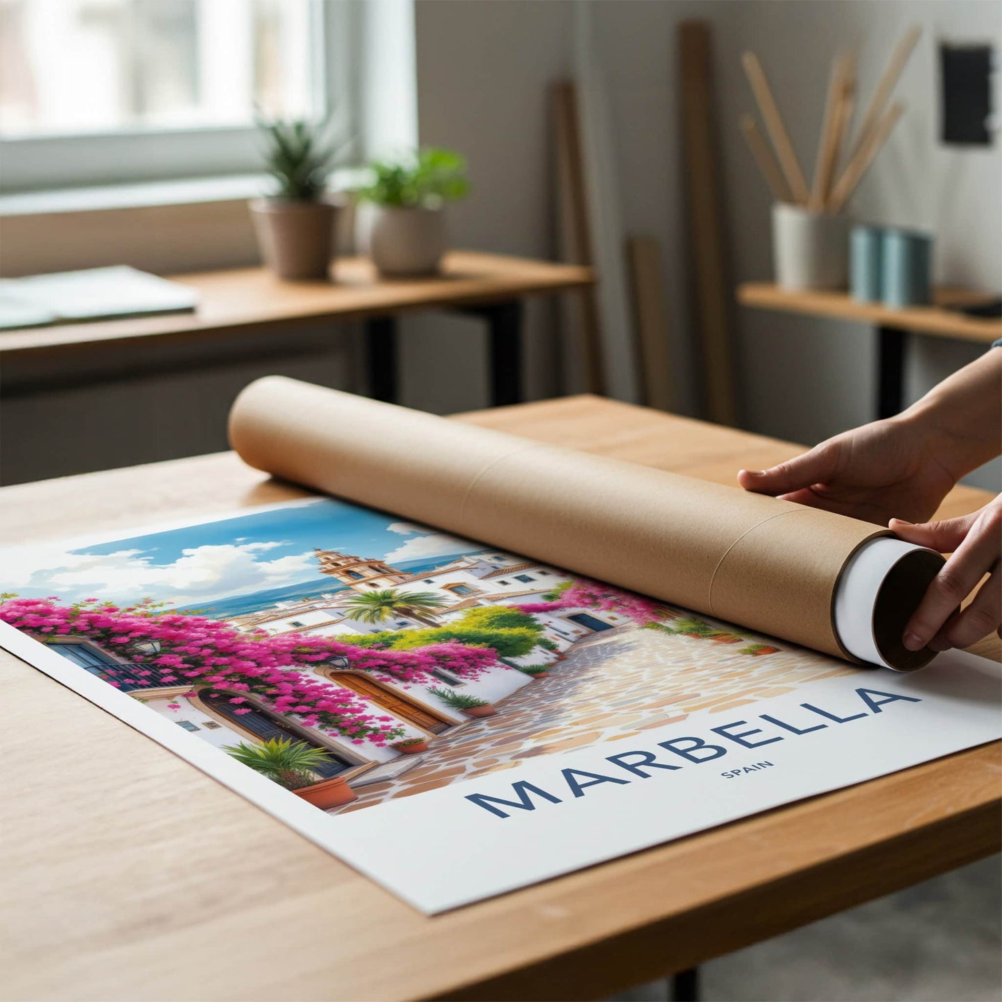 Marbella Poster - Spain Travel Art - Pink Flower Alley Wall Decor