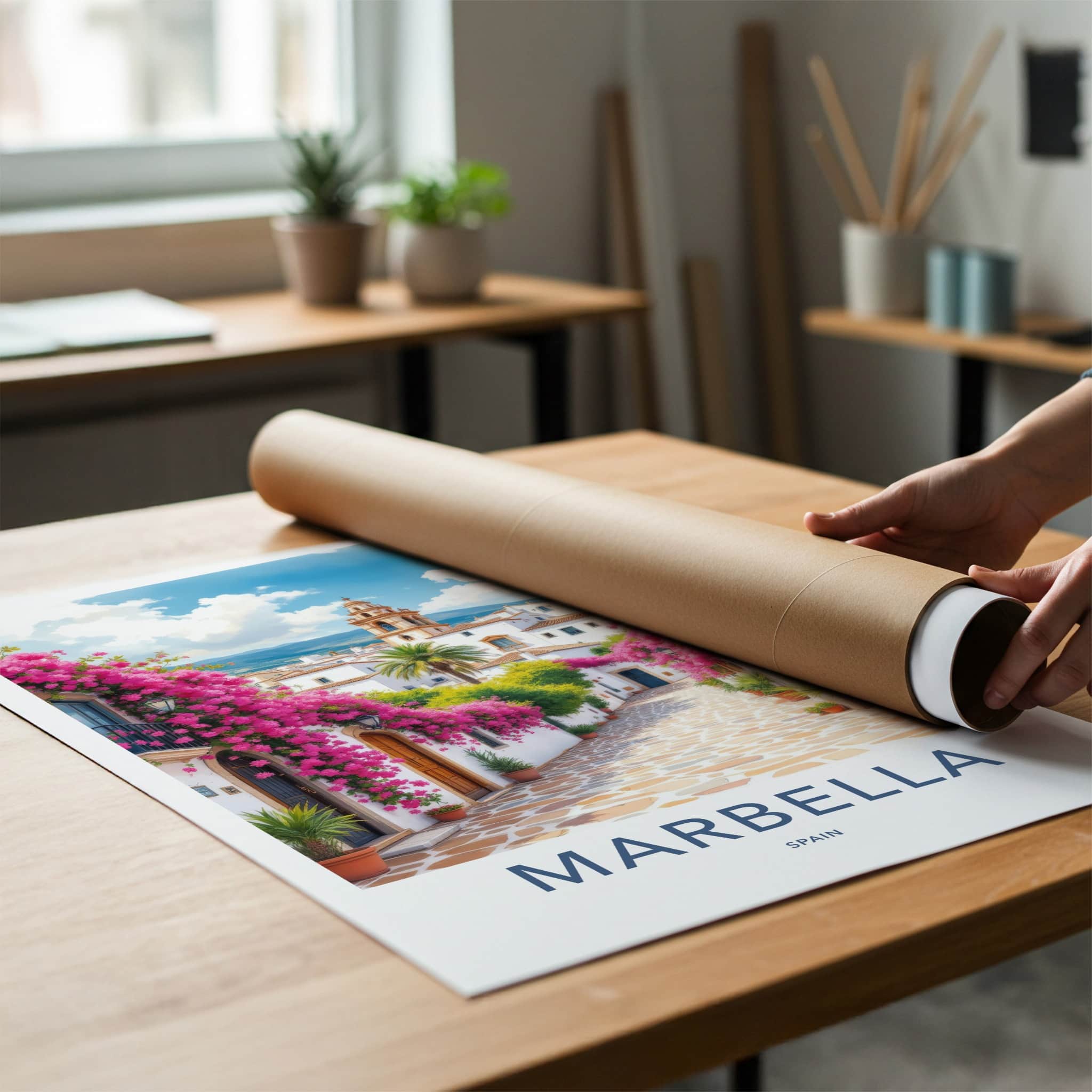 Marbella Poster - Spain Travel Art - Pink Flower Alley Wall Decor