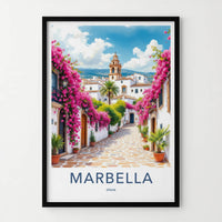 Marbella Poster - Spain Travel Art - Pink Flower Alley Wall Decor