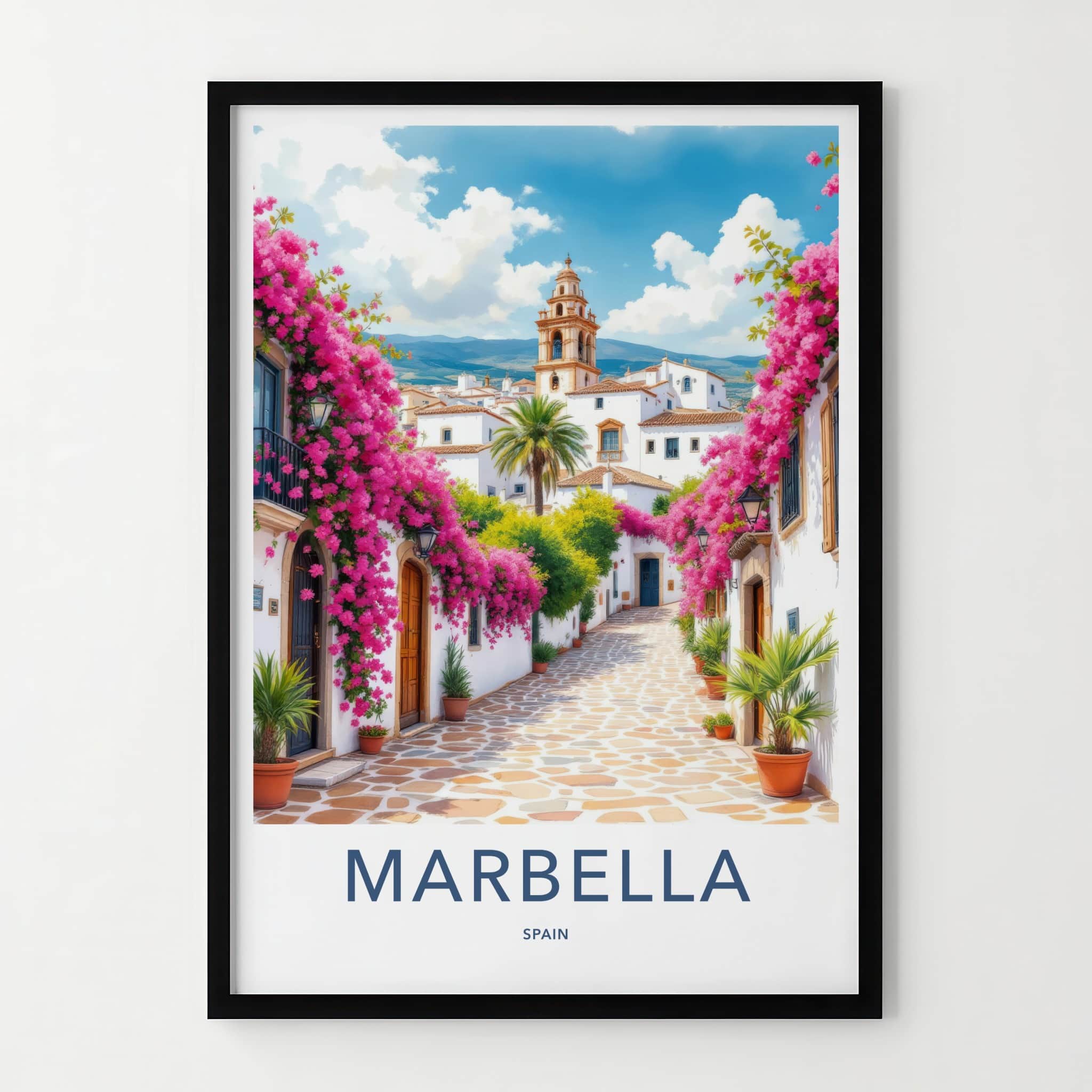 Marbella Poster - Spain Travel Art - Pink Flower Alley Wall Decor