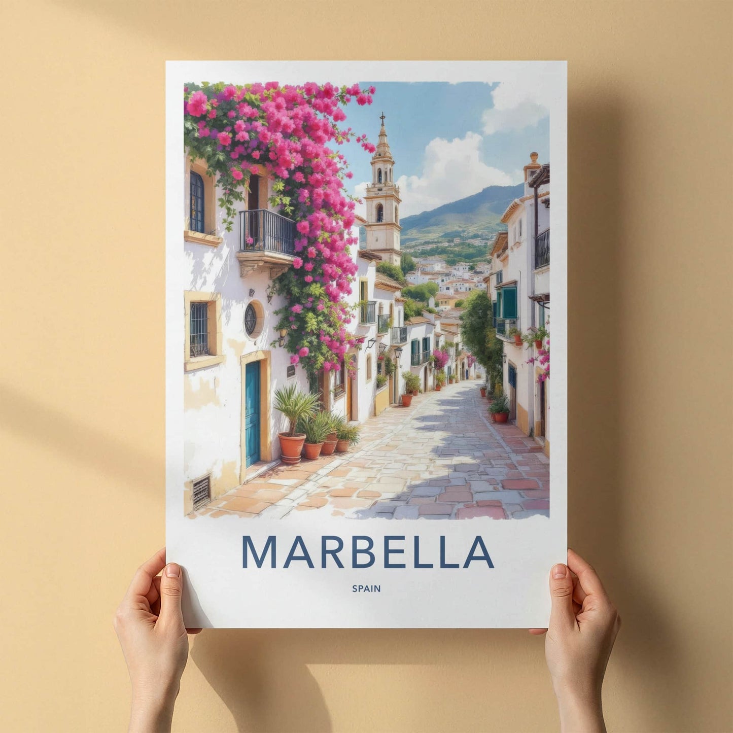 Marbella Poster - Spain Travel Art - Pink Flower Street Home Decor
