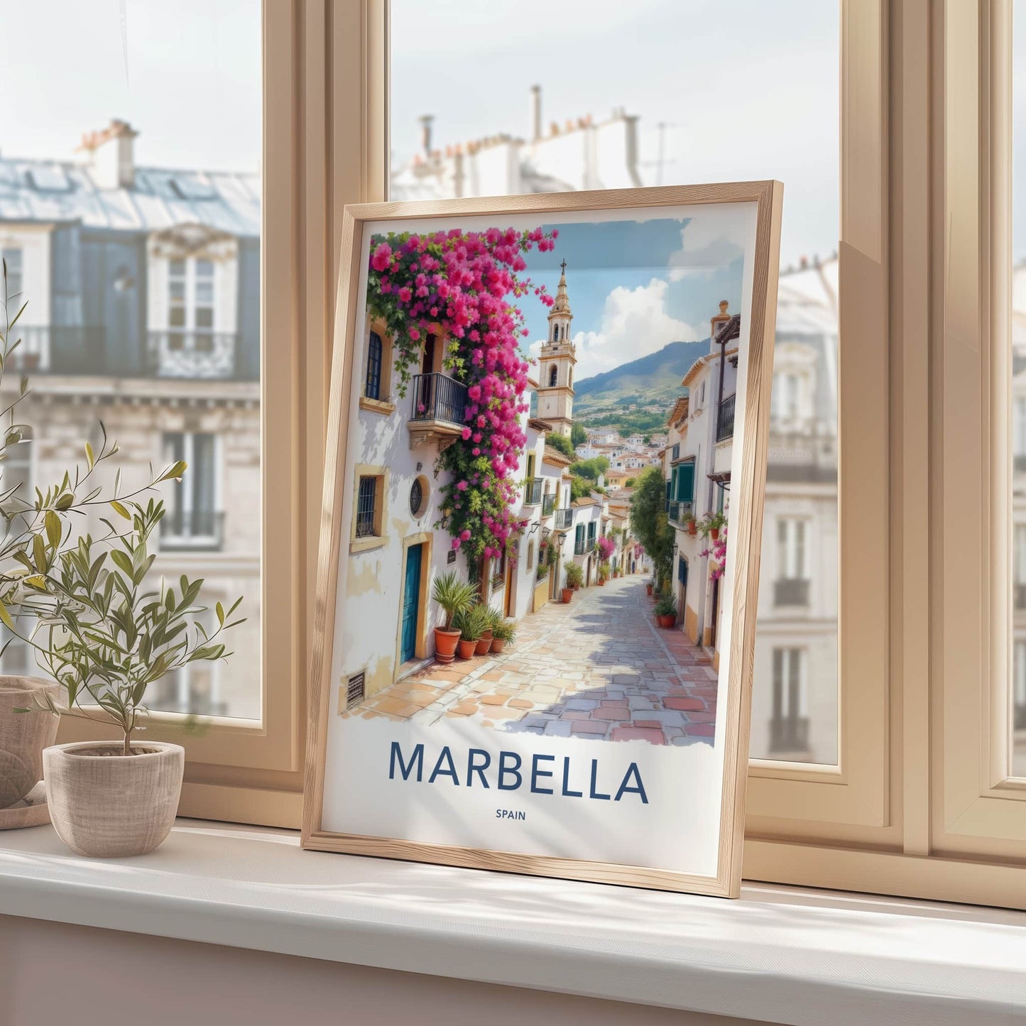 Marbella Poster - Spain Travel Art - Pink Flower Street Home Decor