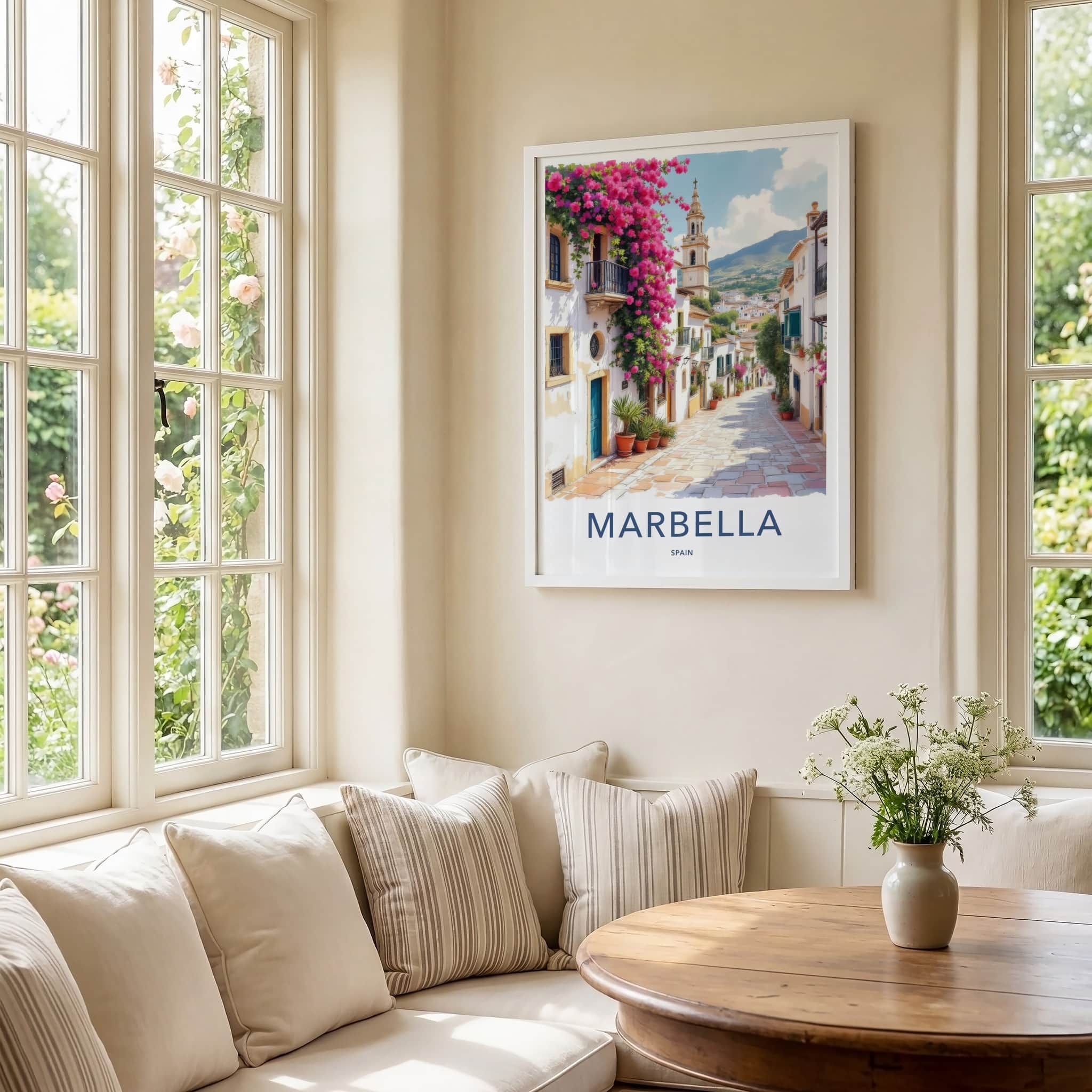 Marbella Poster - Spain Travel Art - Pink Flower Street Home Decor