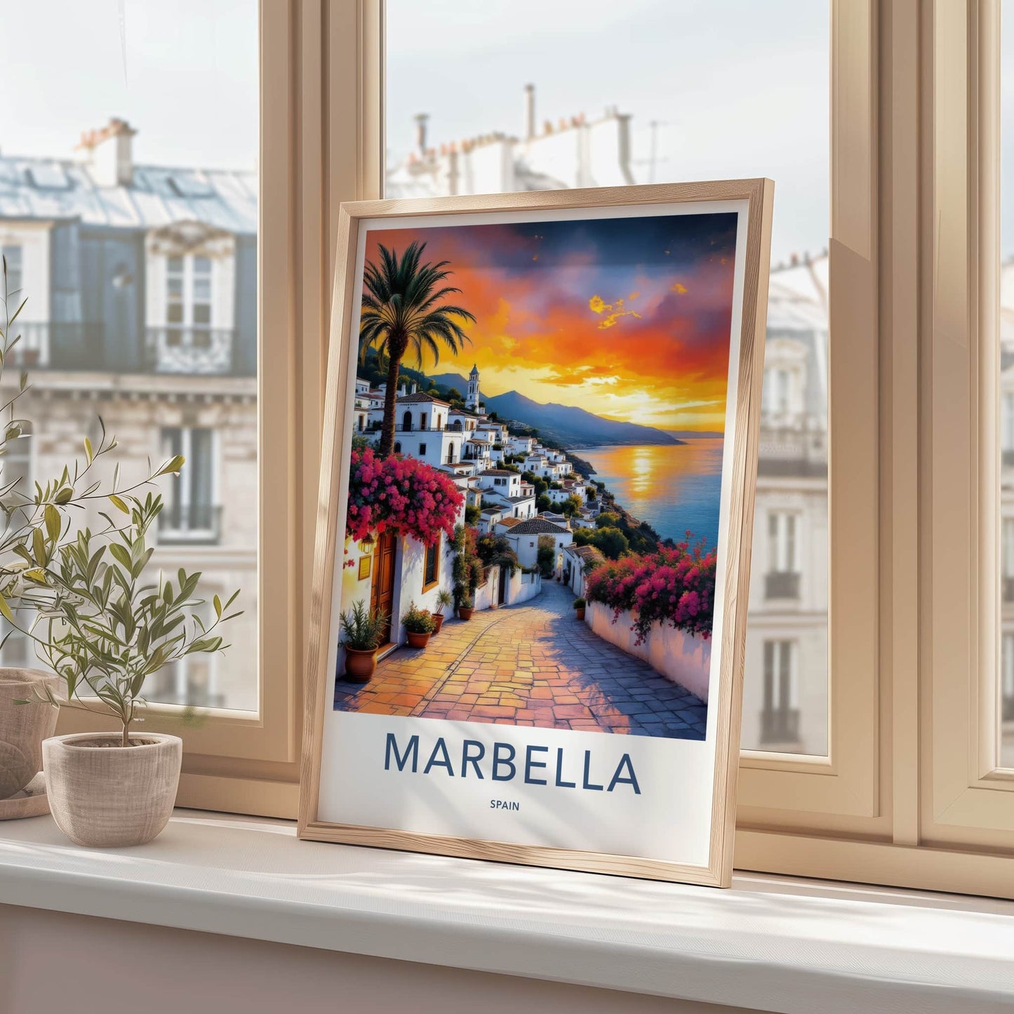Marbella Poster - Spain Wall Art - Sunset Village Blooms Home Decor