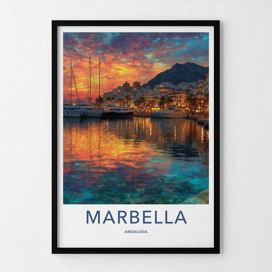 Marbella Poster - Spain Wall Art - Vibrant Sunset Harbor Home Decor
