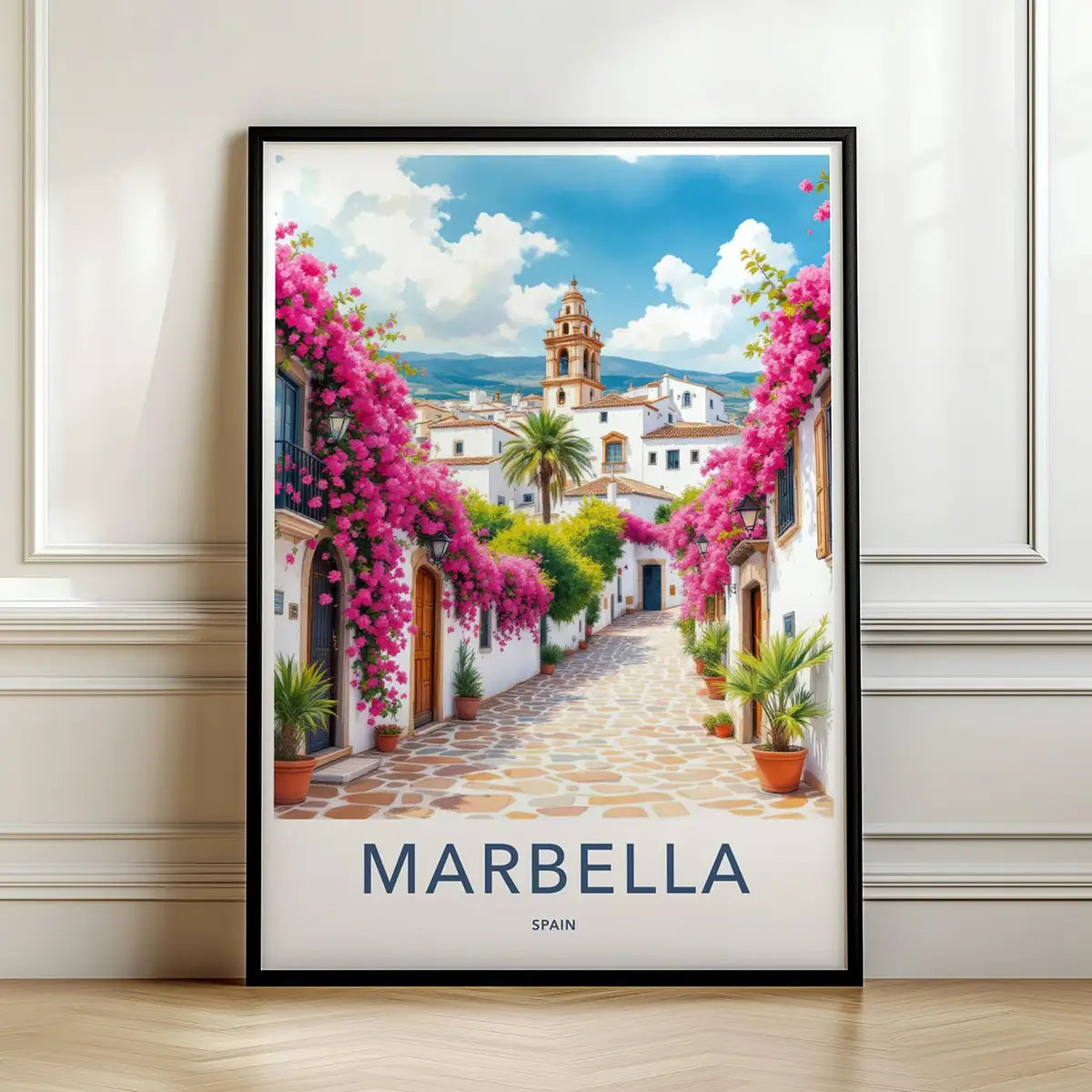 Framed poster of a scenic street in Marbella, Spain with pink flowers and a blue sky.