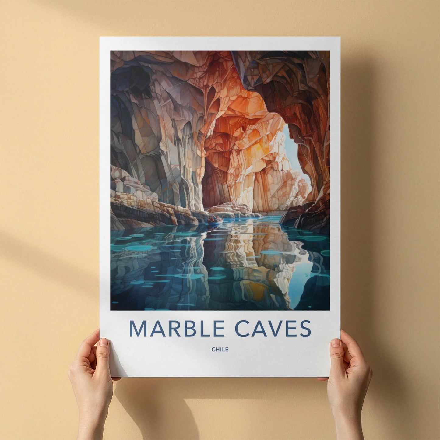 Marble Caves Poster - Chile Travel Art - Boat Blue Water Home Decor