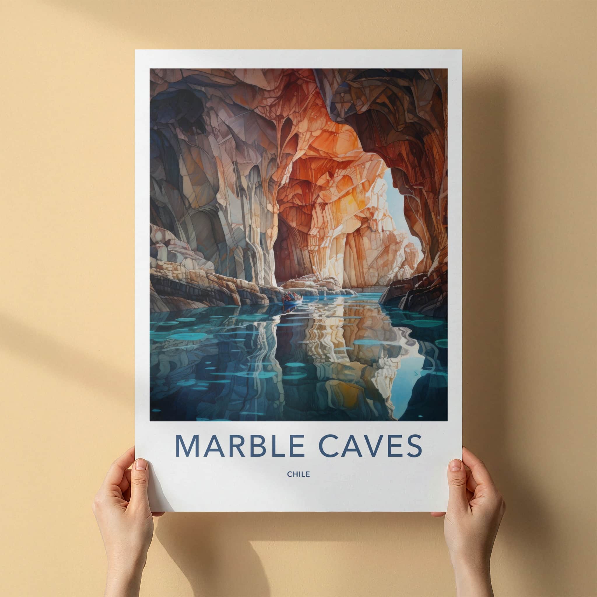 Marble Caves Poster - Chile Travel Art - Boat Blue Water Home Decor