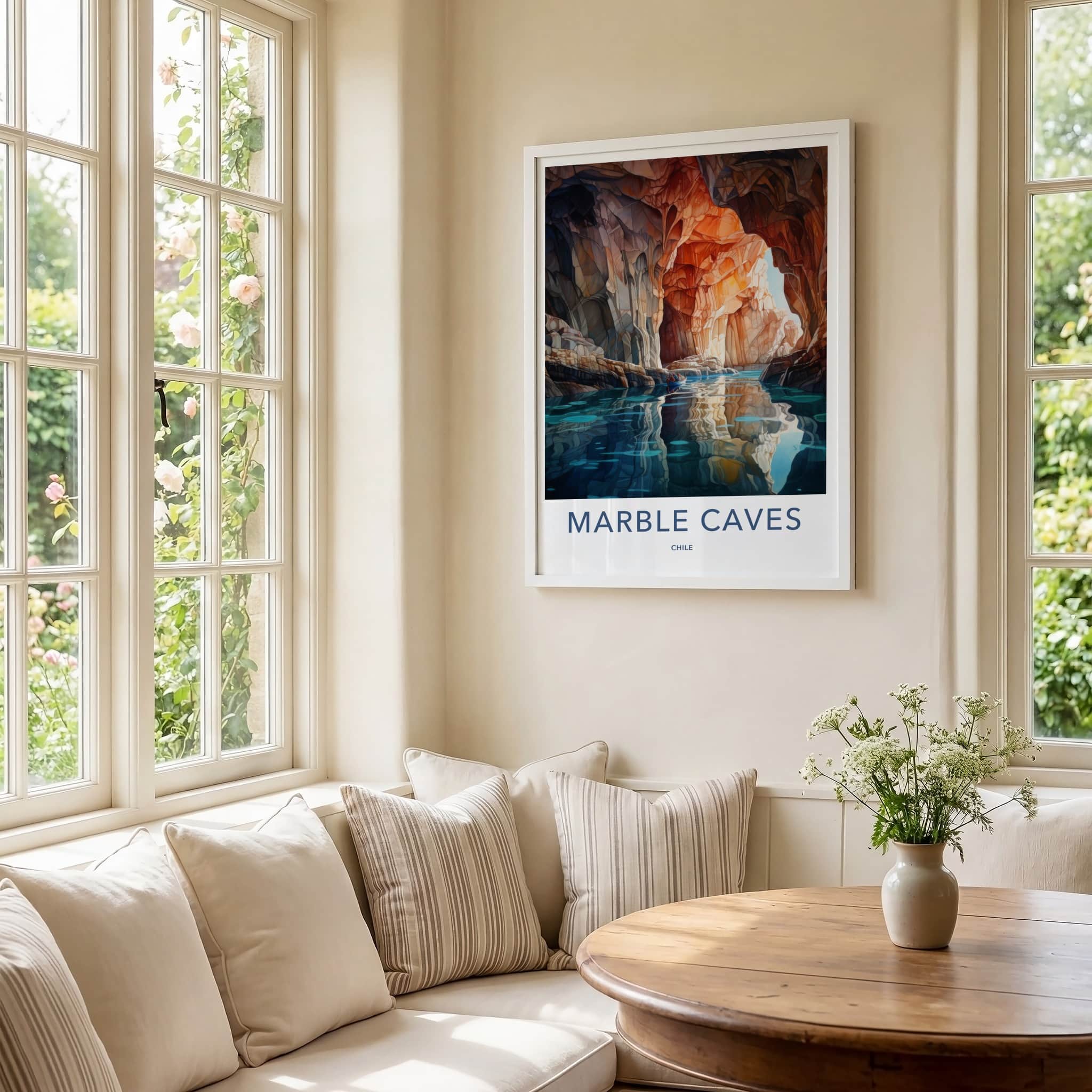 Marble Caves Poster - Chile Travel Art - Boat Blue Water Home Decor
