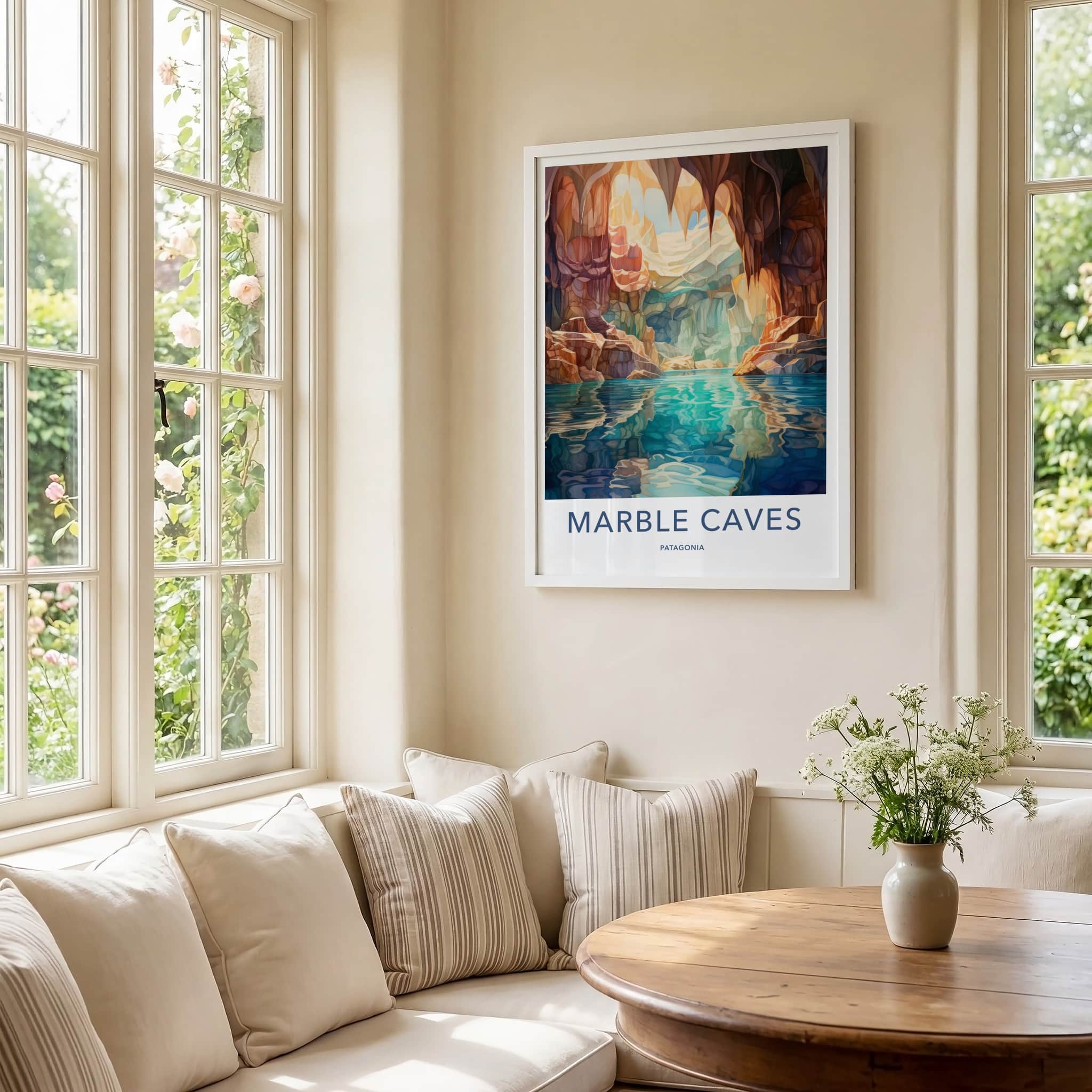Marble Caves Poster - Chile Wall Art - Sunlit Water Grotto Home Decor