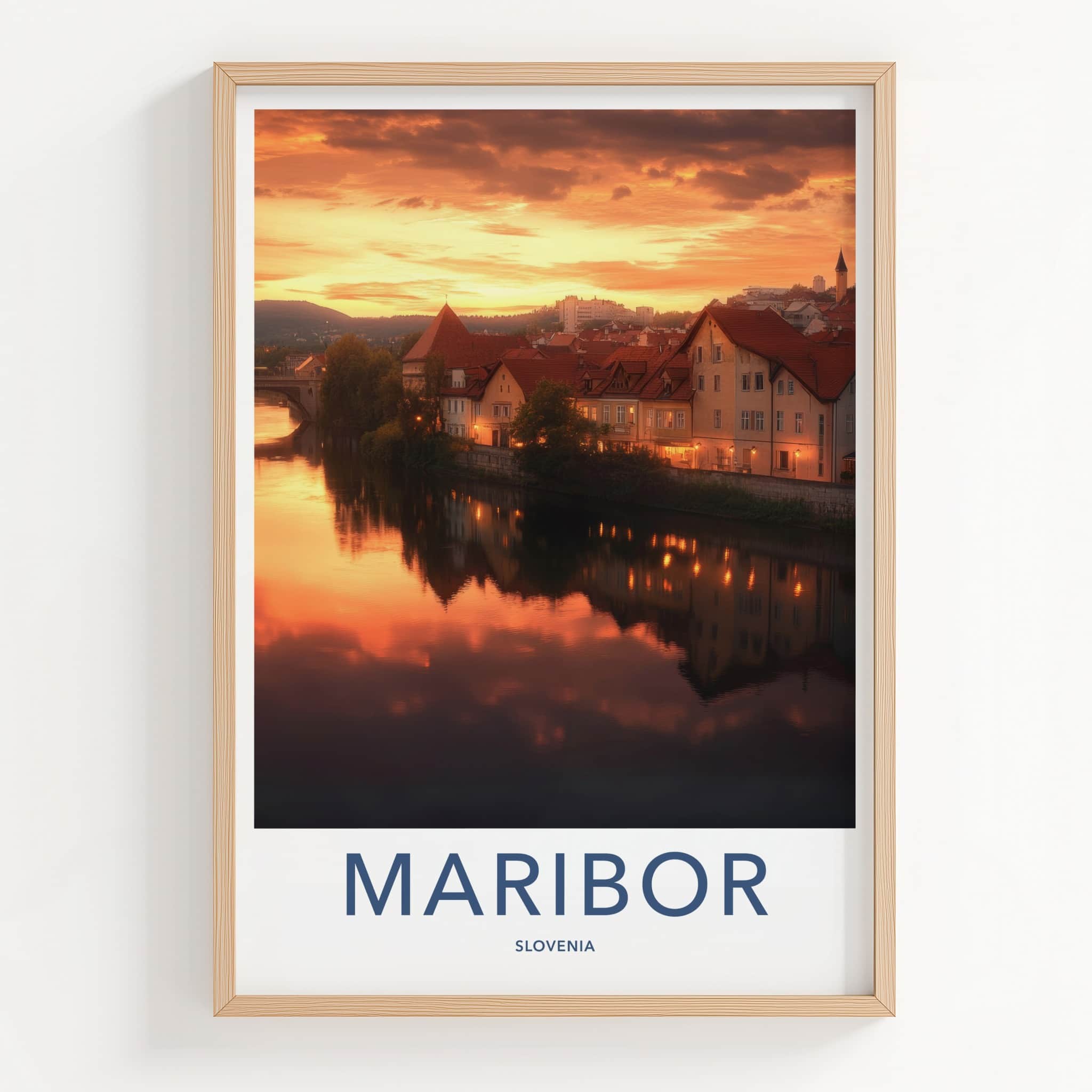 Maribor Poster - Slovenia Travel Art - Riverfront Sunset Glow Home Decor
