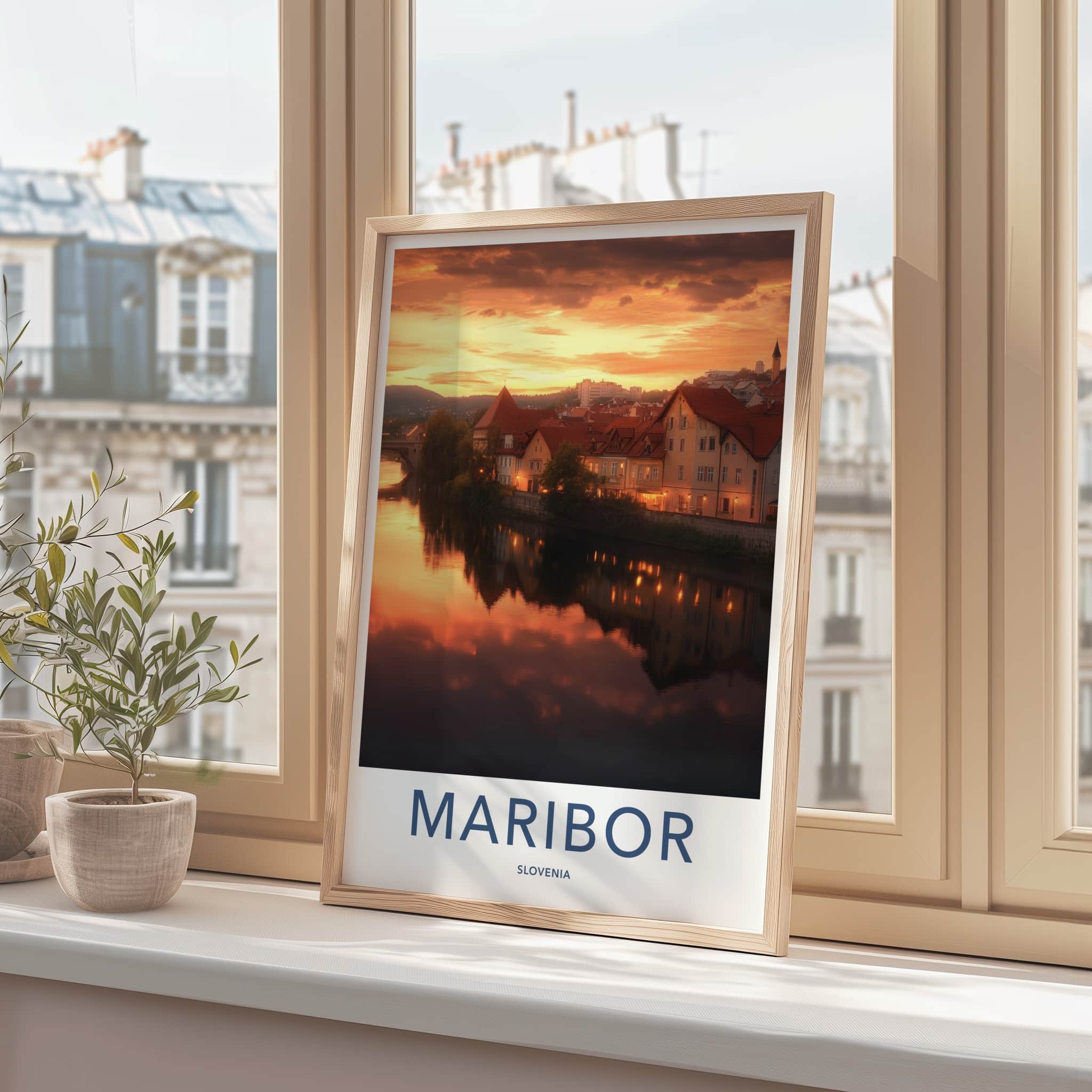 Maribor Poster - Slovenia Travel Art - Riverfront Sunset Glow Home Decor