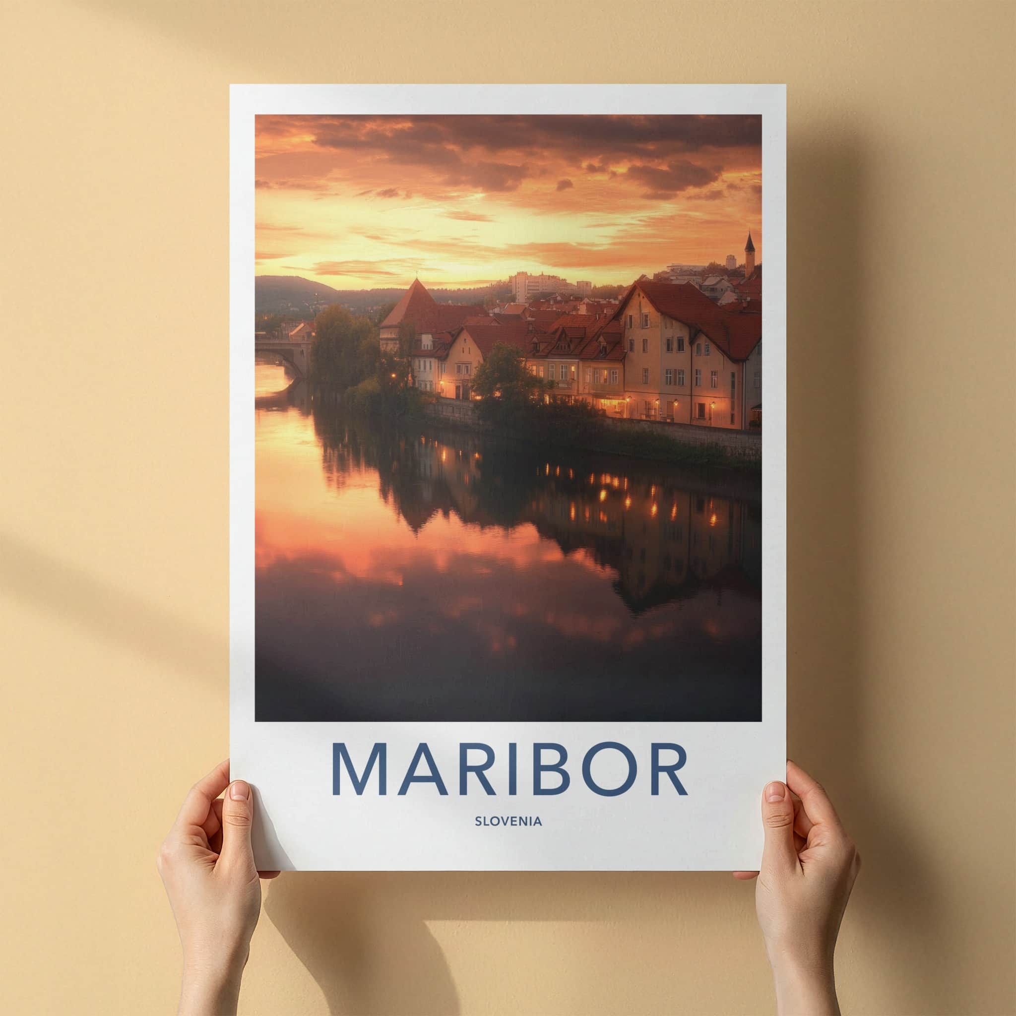 Maribor Poster - Slovenia Travel Art - Riverfront Sunset Glow Home Decor