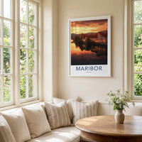 Maribor Poster - Slovenia Travel Art - Riverfront Sunset Glow Home Decor