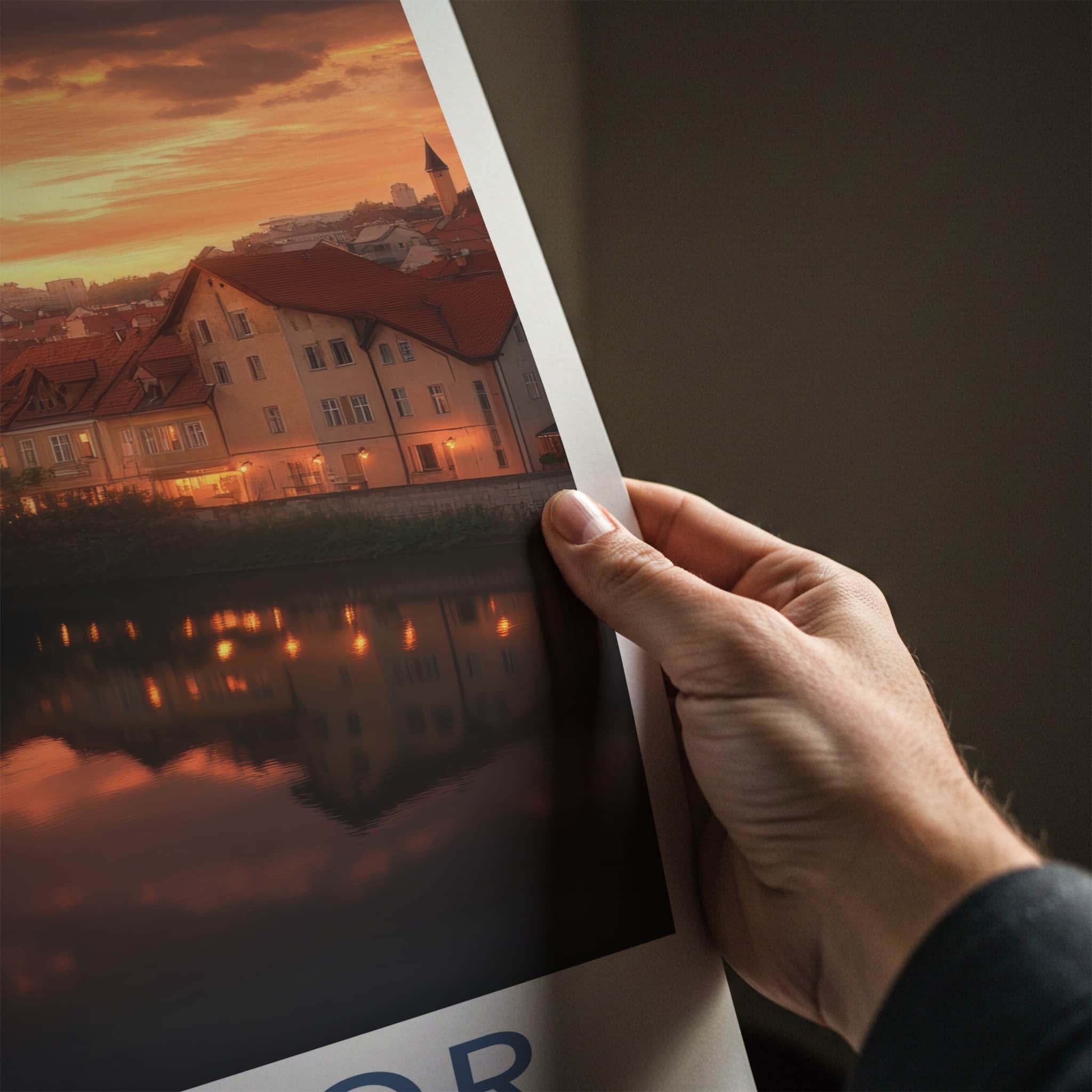 Maribor Poster - Slovenia Travel Art - Riverfront Sunset Glow Home Decor